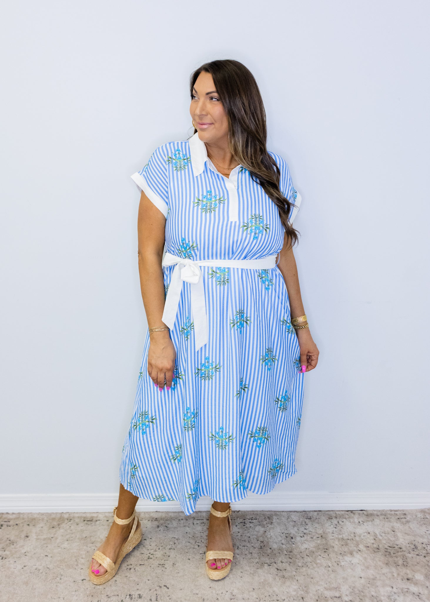 Blue Floral Stripe Midi Dress