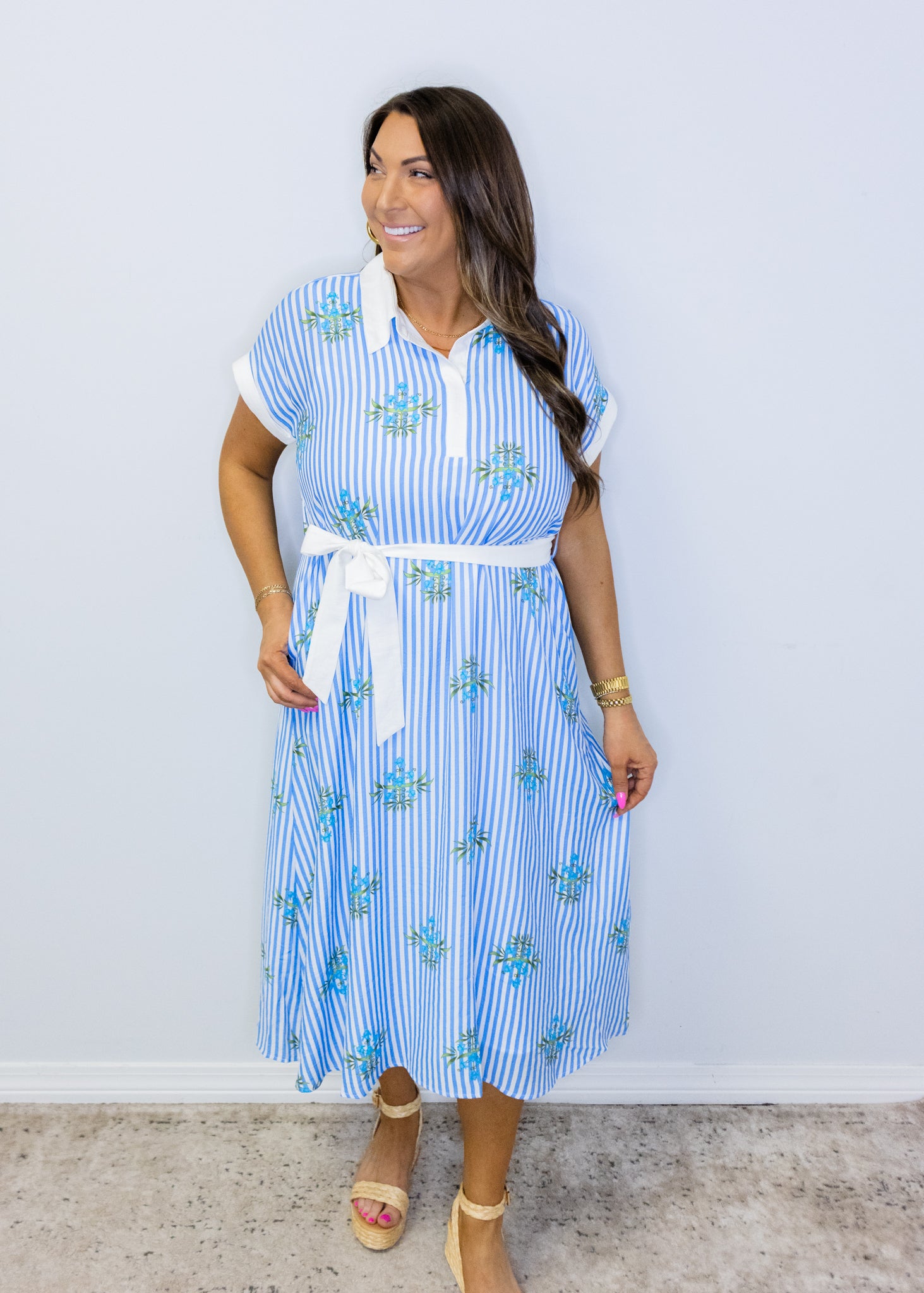 Blue Floral Stripe Midi Dress
