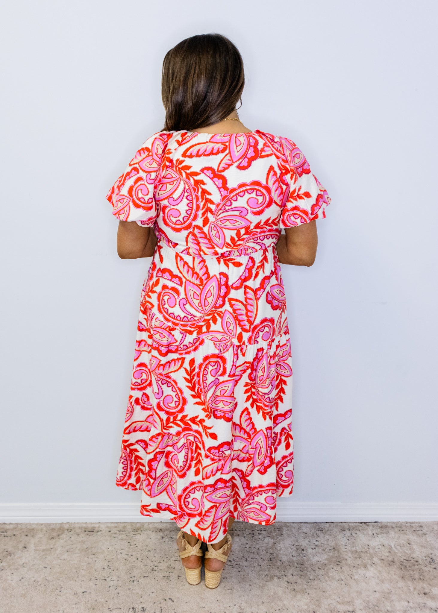 Red Paisley Tiered Midi Dress