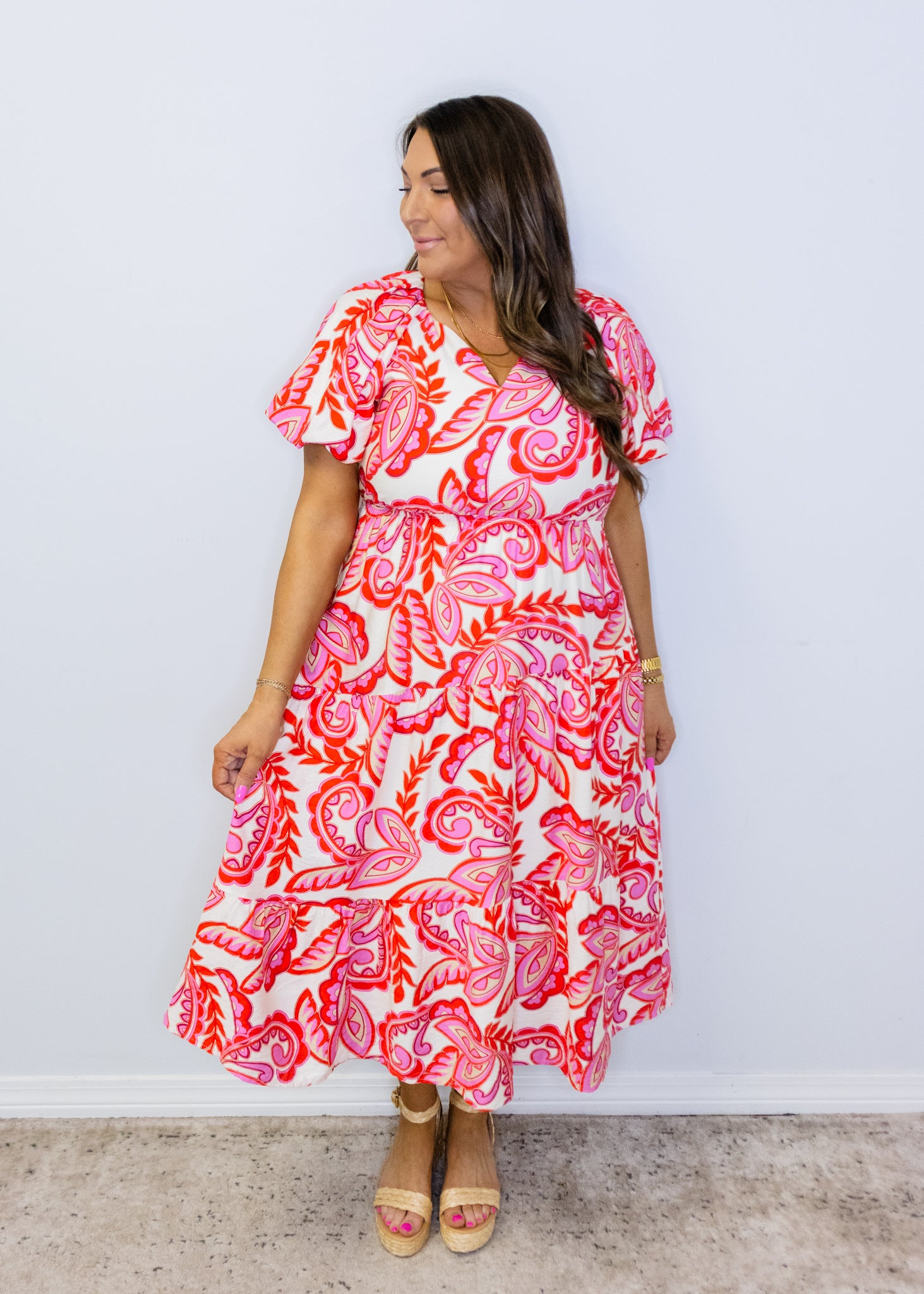 Red Paisley Tiered Midi Dress