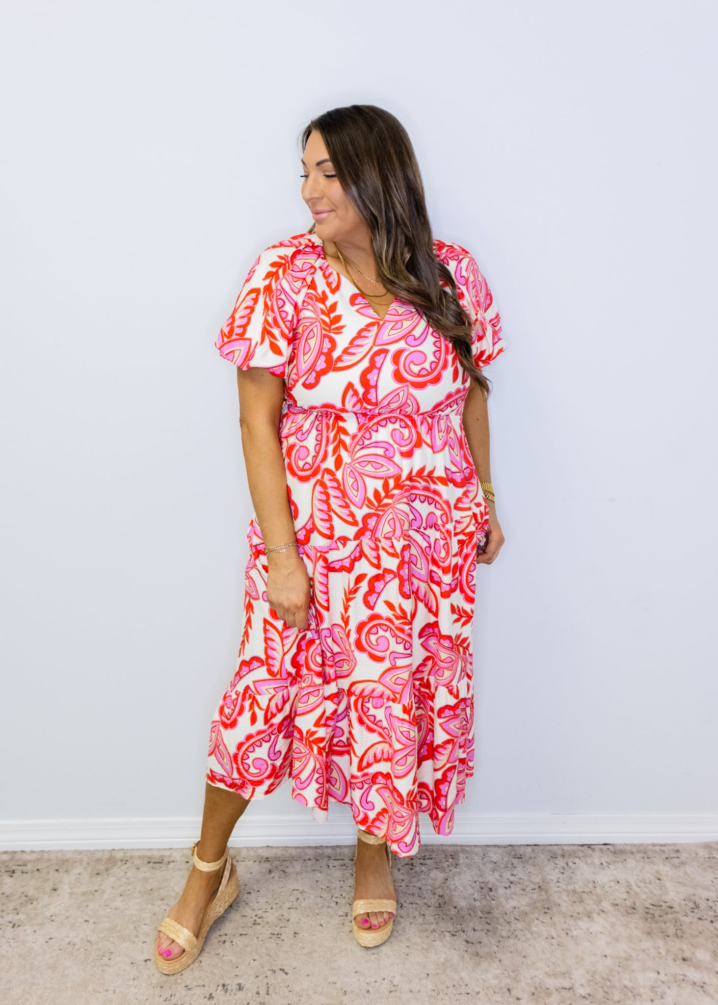 Red Paisley Tiered Midi Dress