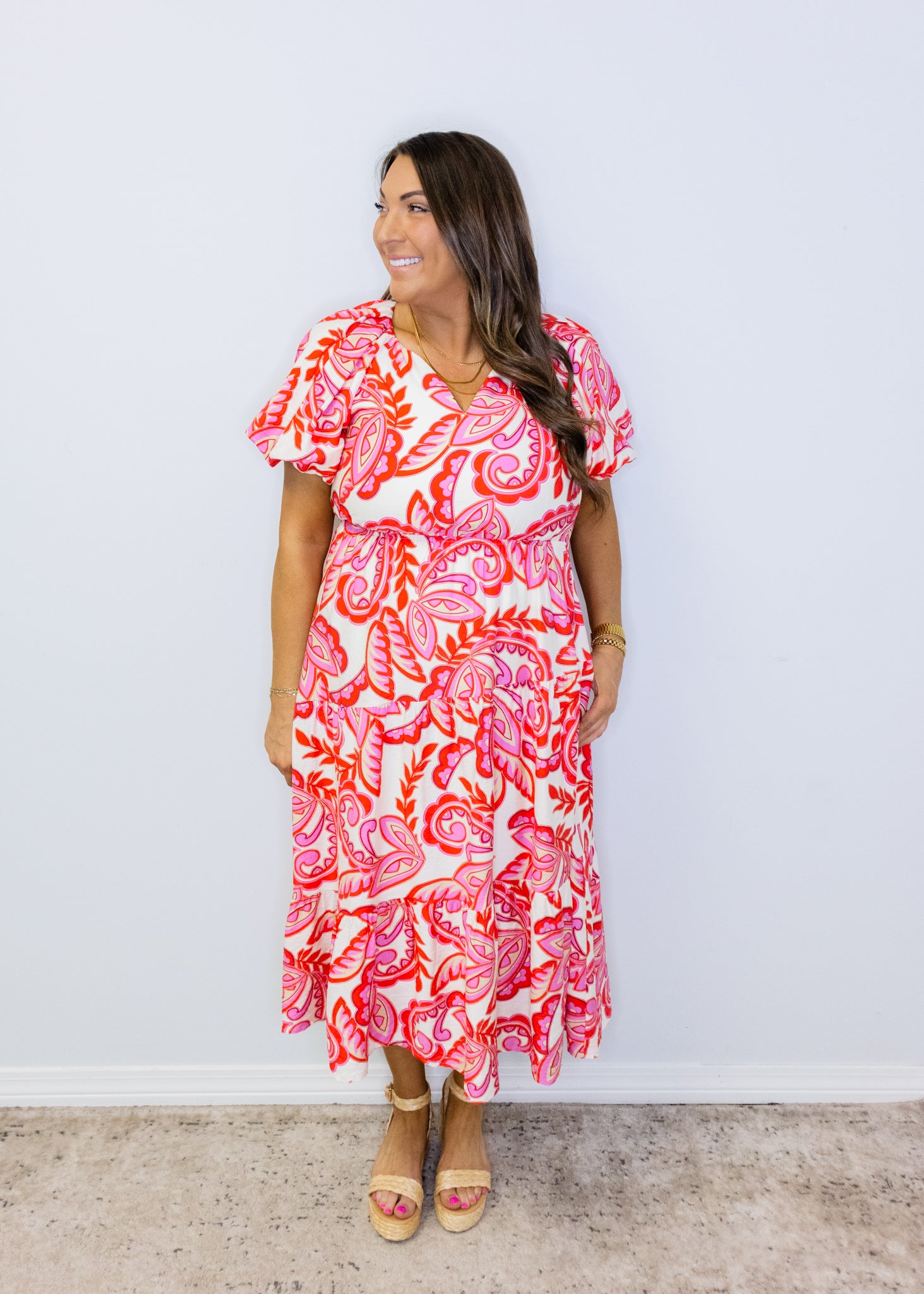 Red Paisley Tiered Midi Dress