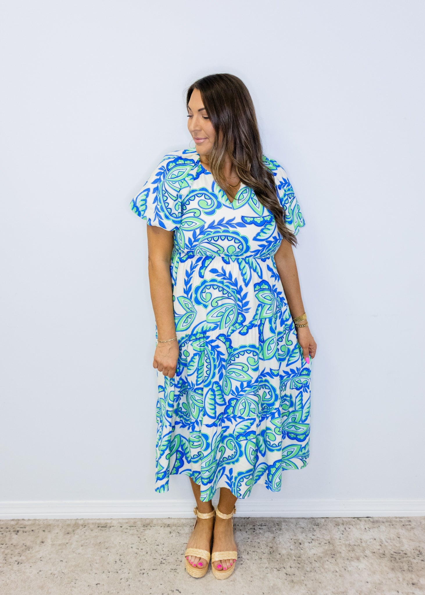 Blue Paisley Tiered Midi Dress