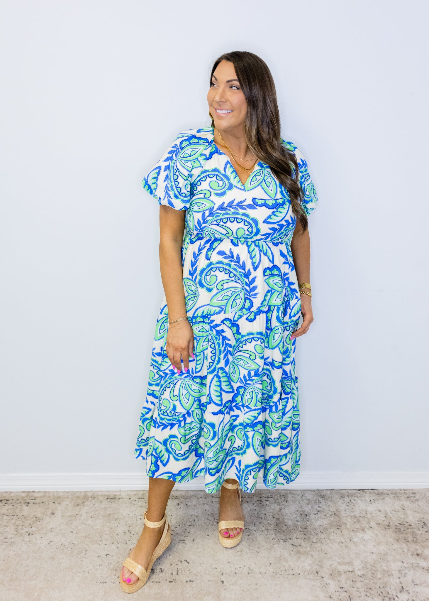 Blue Paisley Tiered Midi Dress