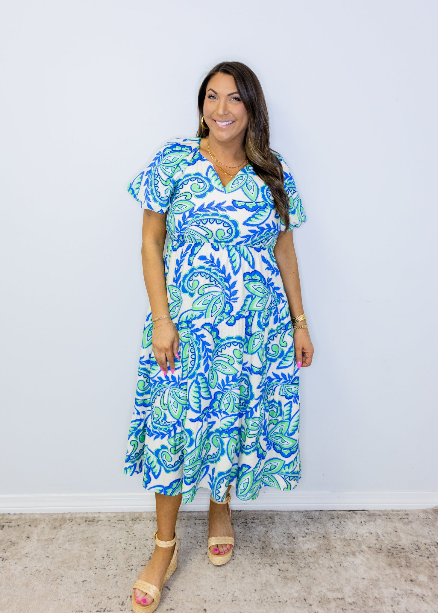 Blue Paisley Tiered Midi Dress