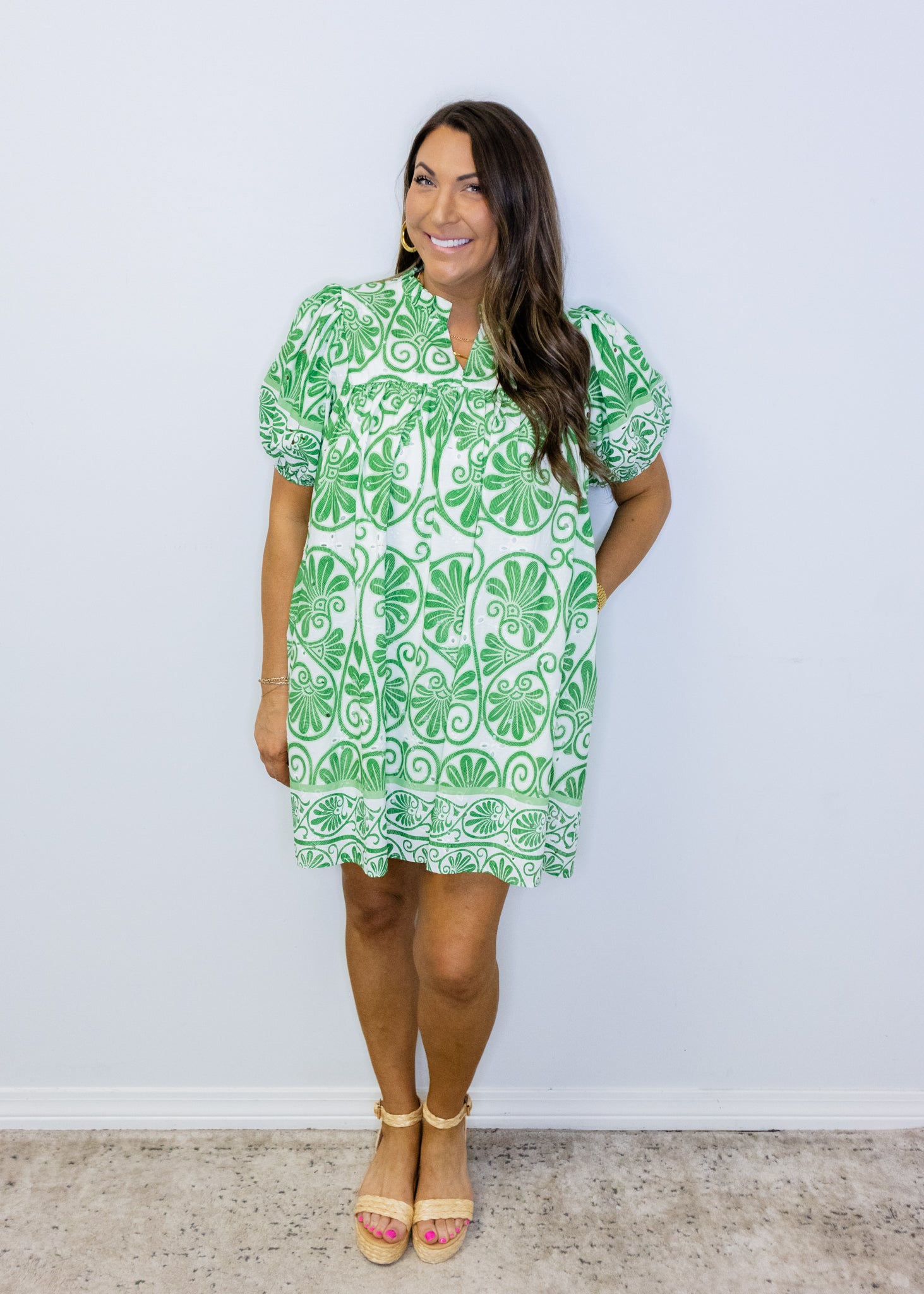 Green & White Floral Eyelet Dress