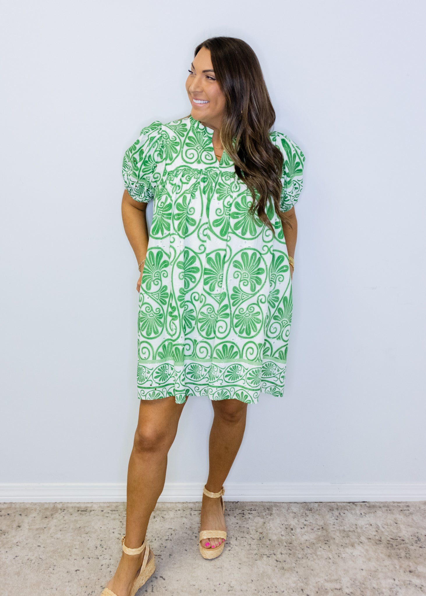 Green & White Floral Eyelet Dress