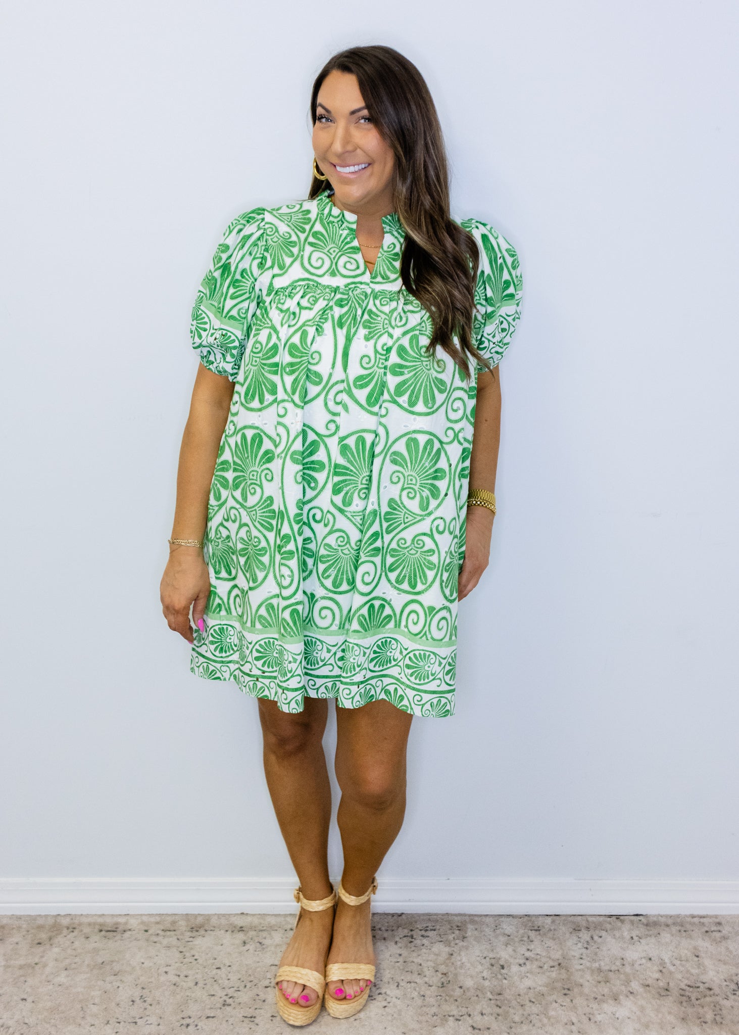 Green & White Floral Eyelet Dress