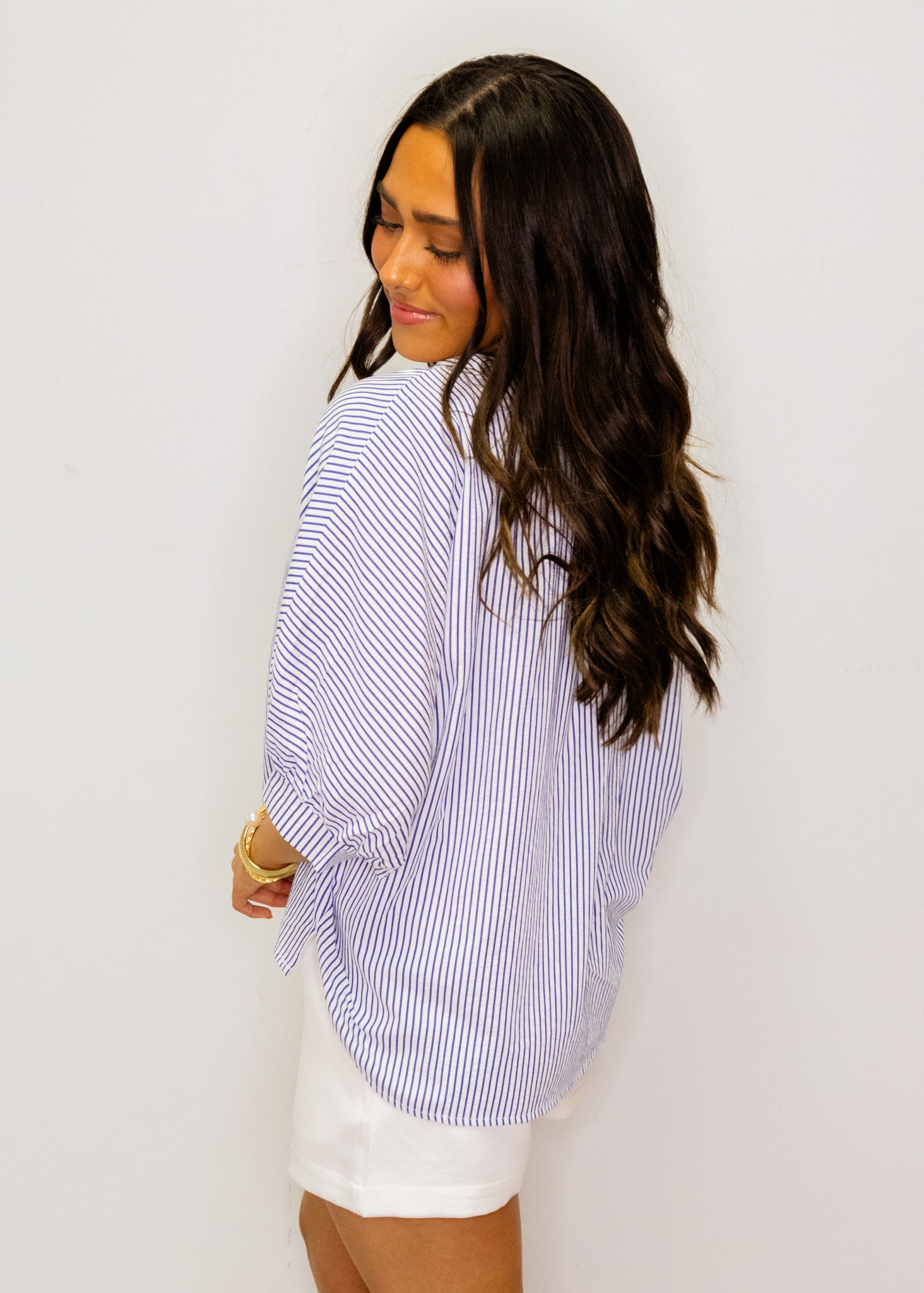 Navy Seersucker Dolman Button Top