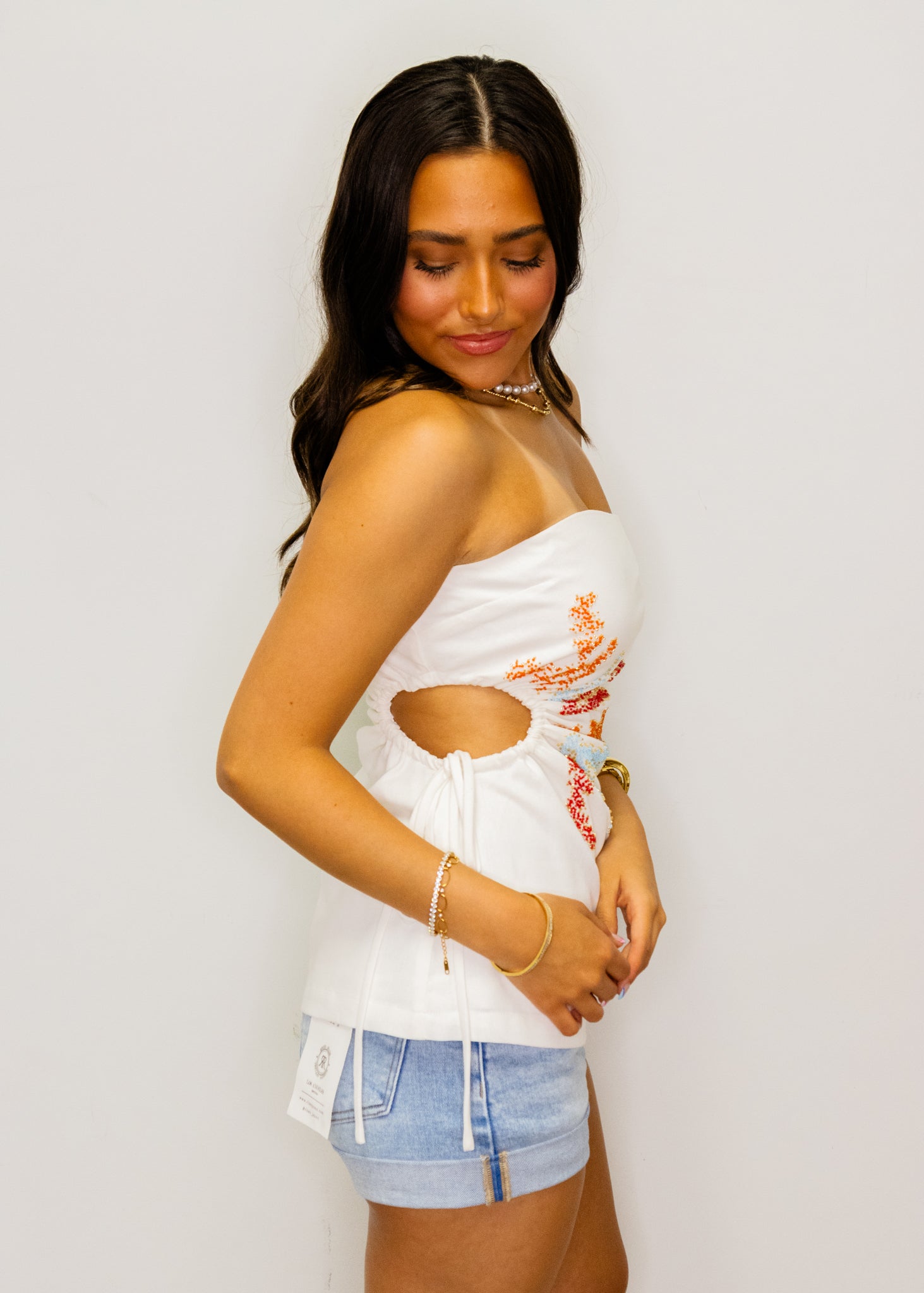 White Strapless Beaded Top