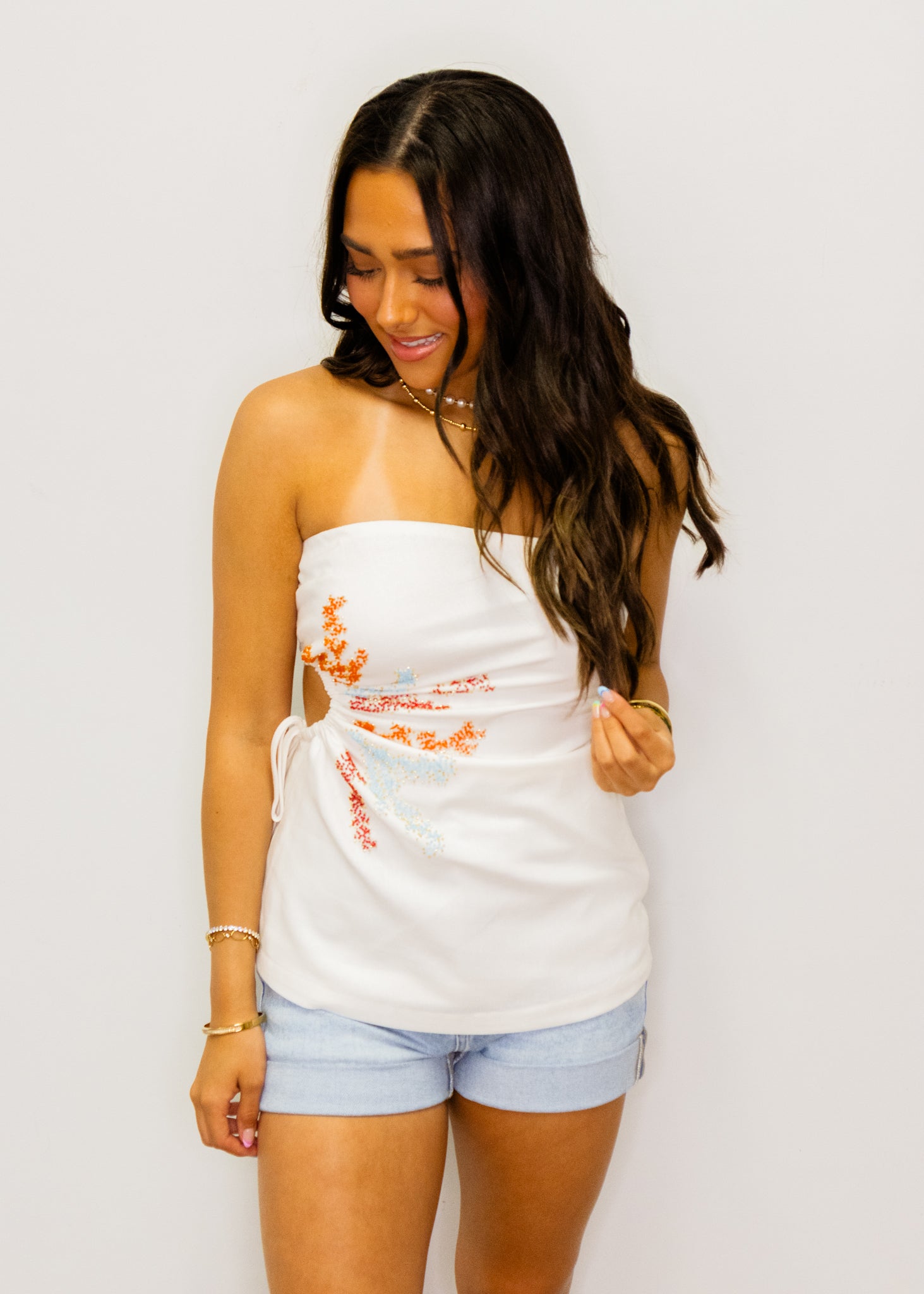 White Strapless Beaded Top