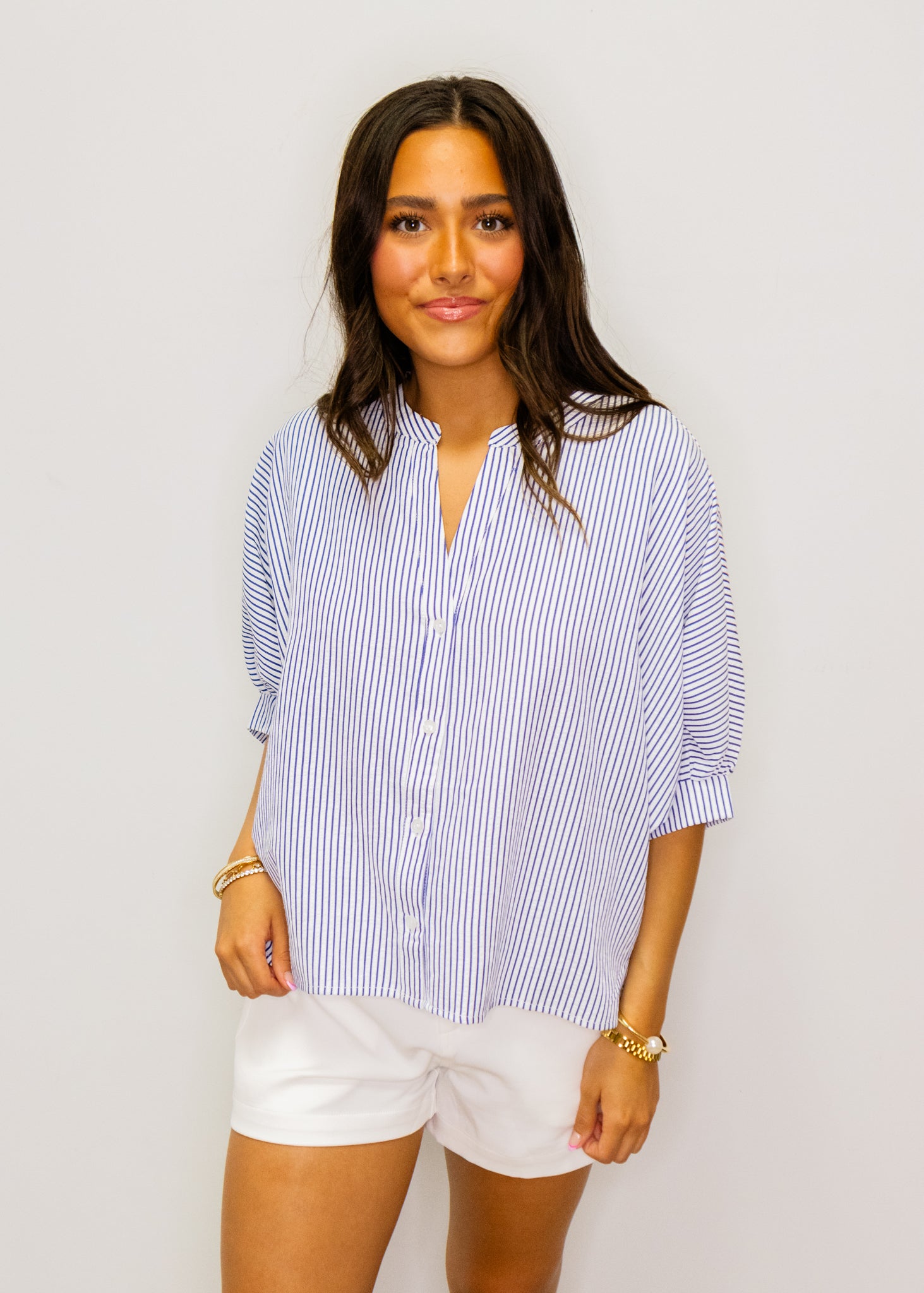 Navy Seersucker Dolman Button Top