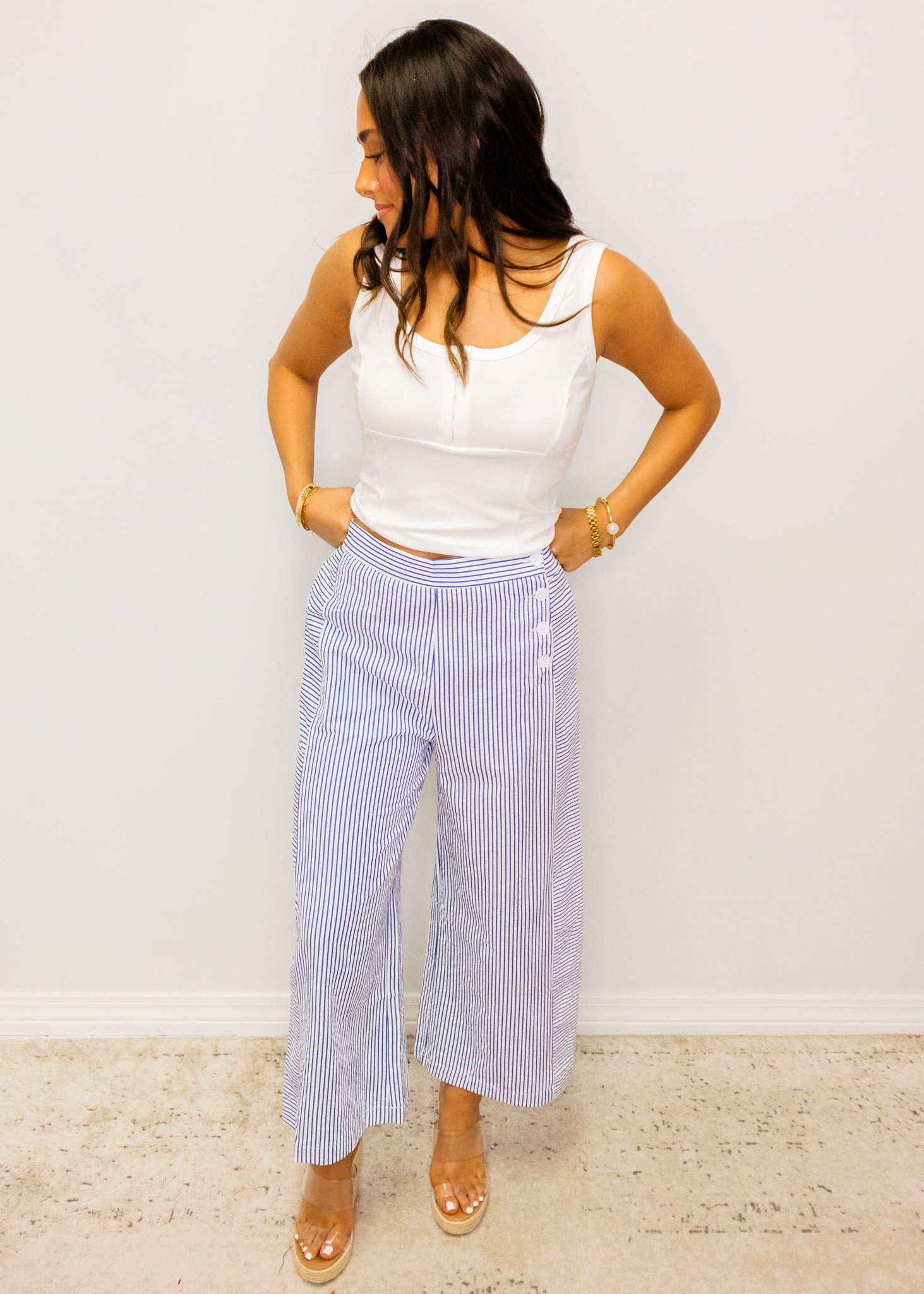 Navy Stripe Seersucker Button Pants