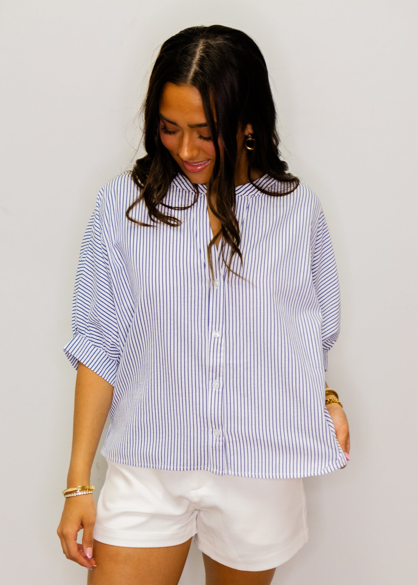 Navy Seersucker Dolman Button Top