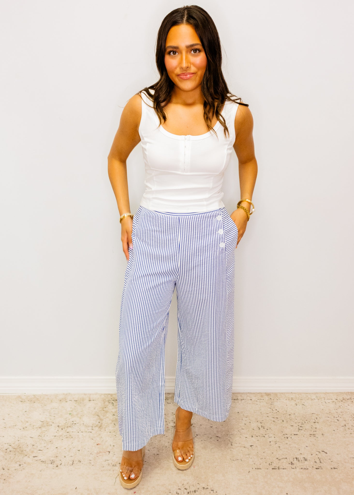 Navy Stripe Seersucker Button Pants