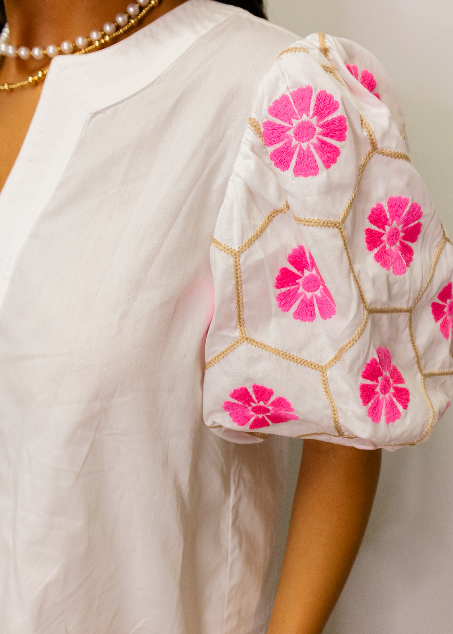 White Pink Embroidered Floral Top