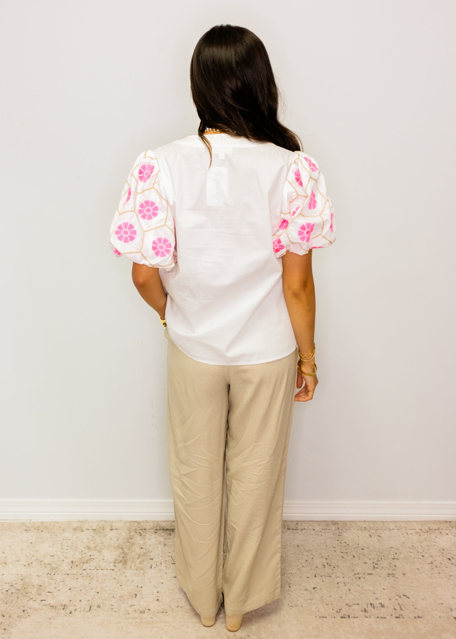 White Pink Embroidered Floral Top