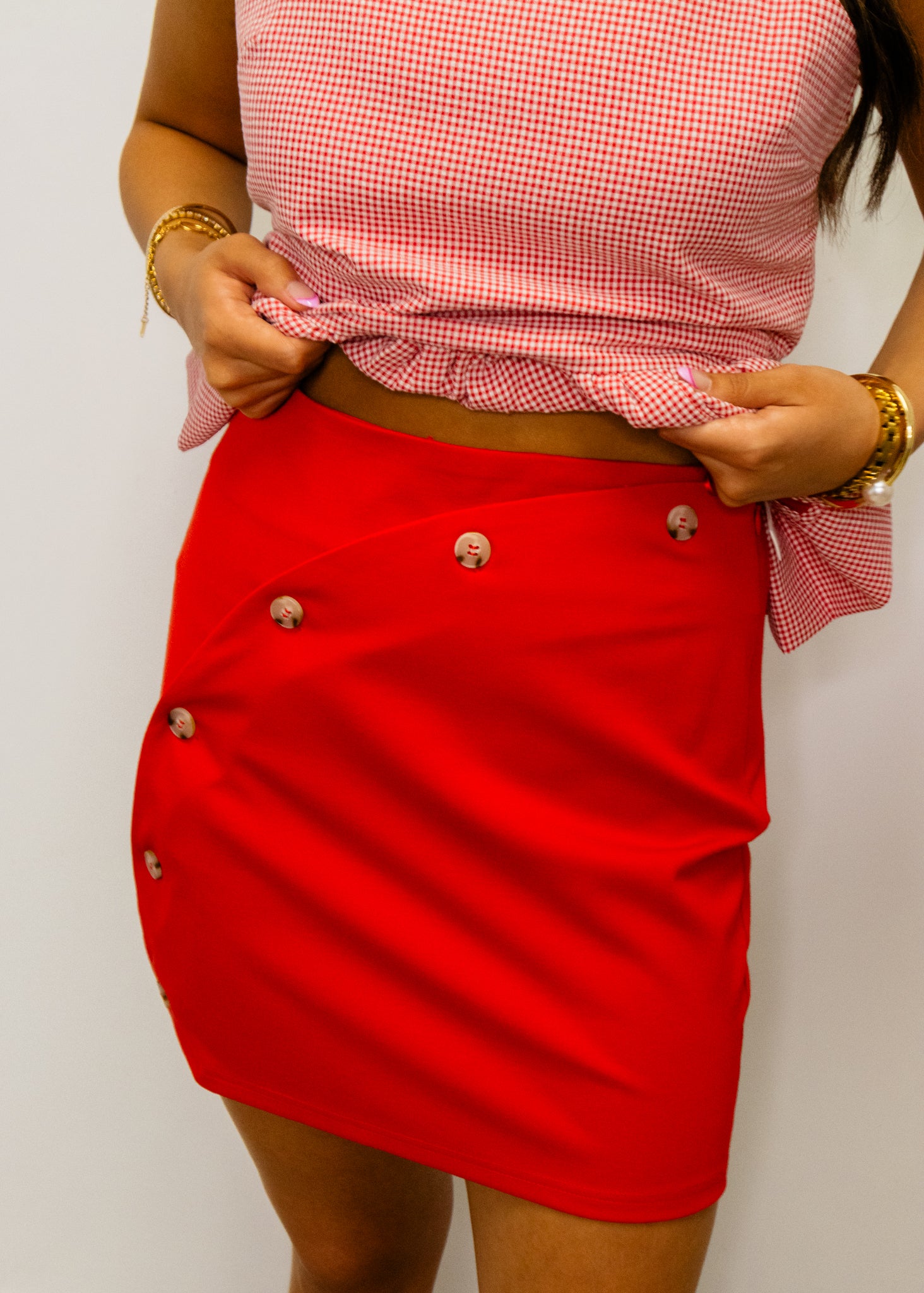 Red Ponte Asymmetrical Button Skirt