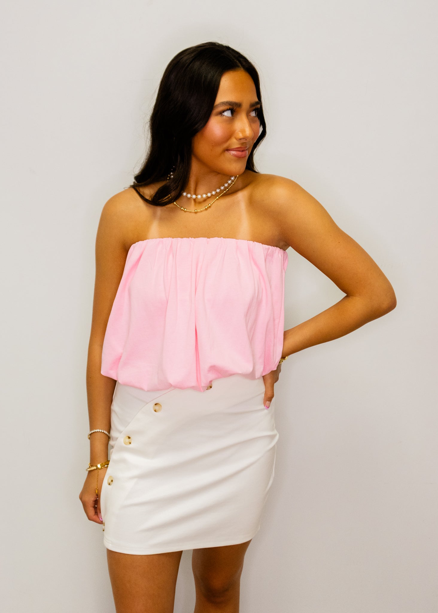 White Ponte Asymmetrical Button Skirt