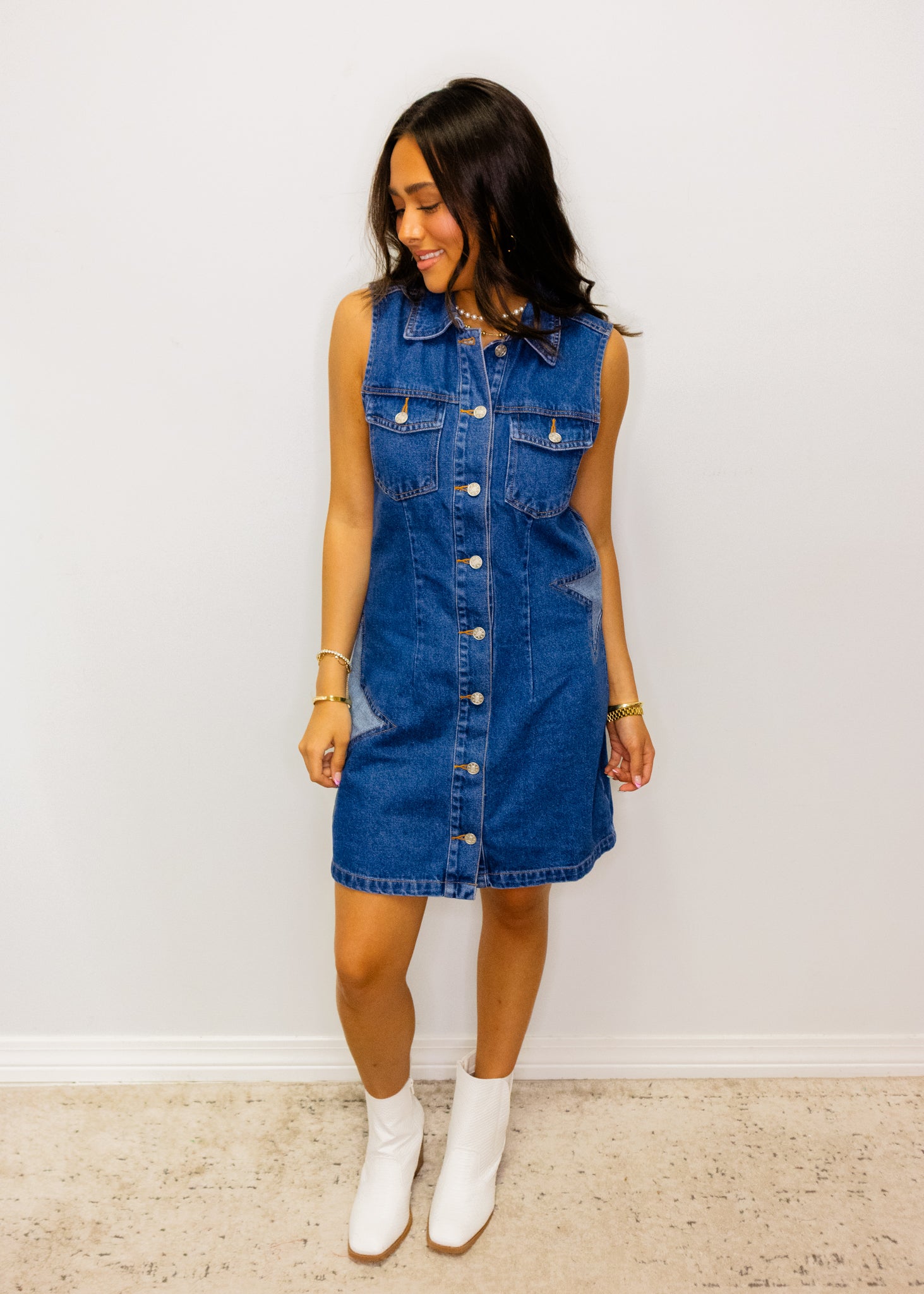 Denim Star Patch Button-Up Dress