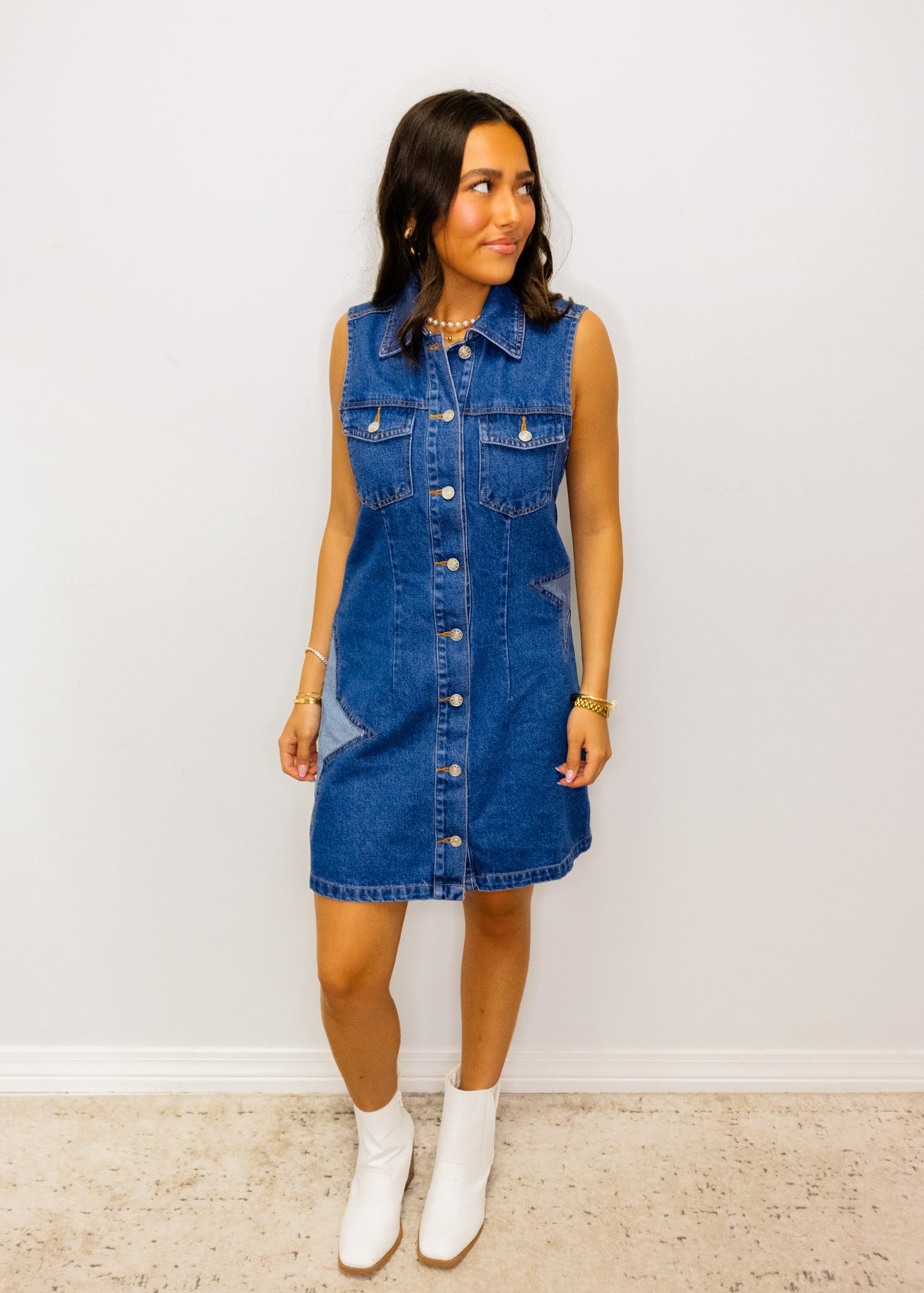 Denim Star Patch Button-Up Dress