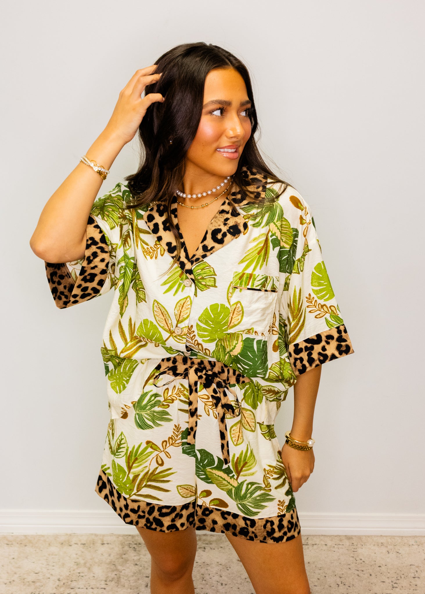 Tropical & Leopard Print Shorts Set