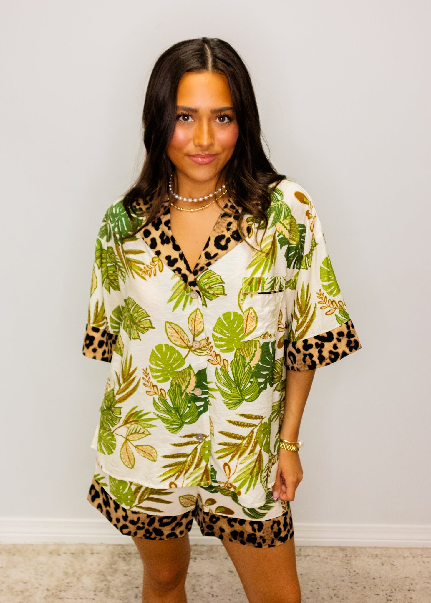 Tropical & Leopard Print Shorts Set