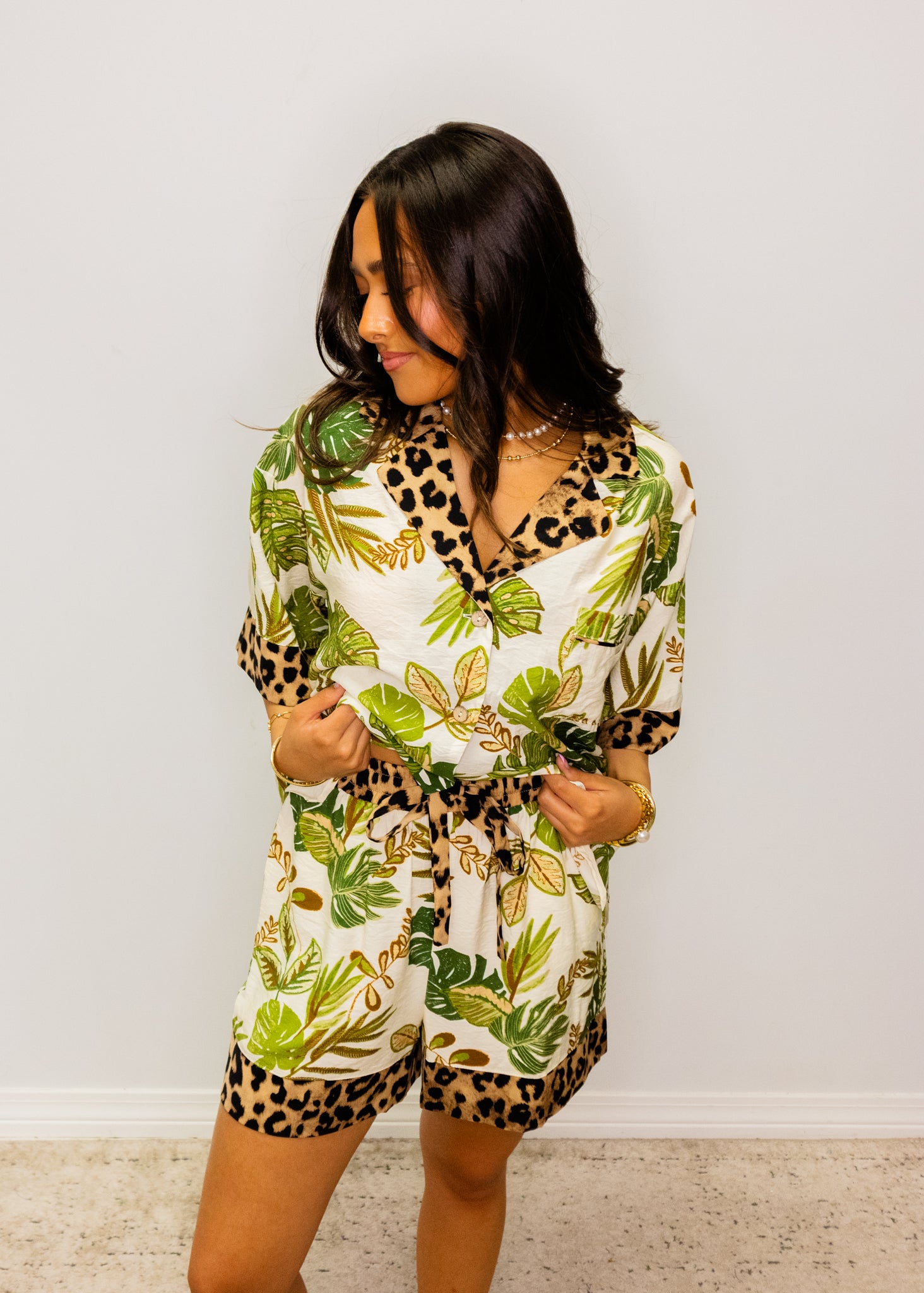 Tropical & Leopard Print Shorts Set