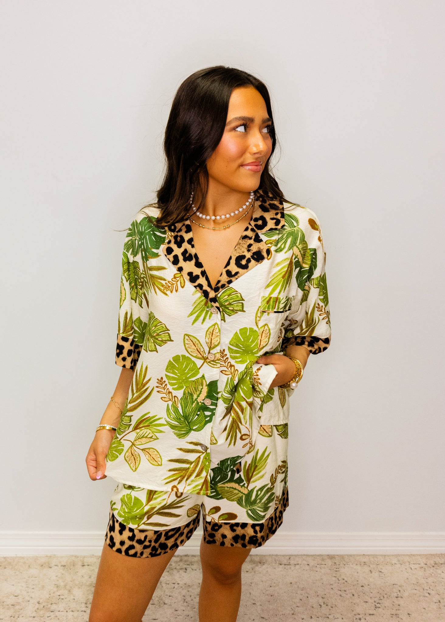 Tropical & Leopard Print Shorts Set