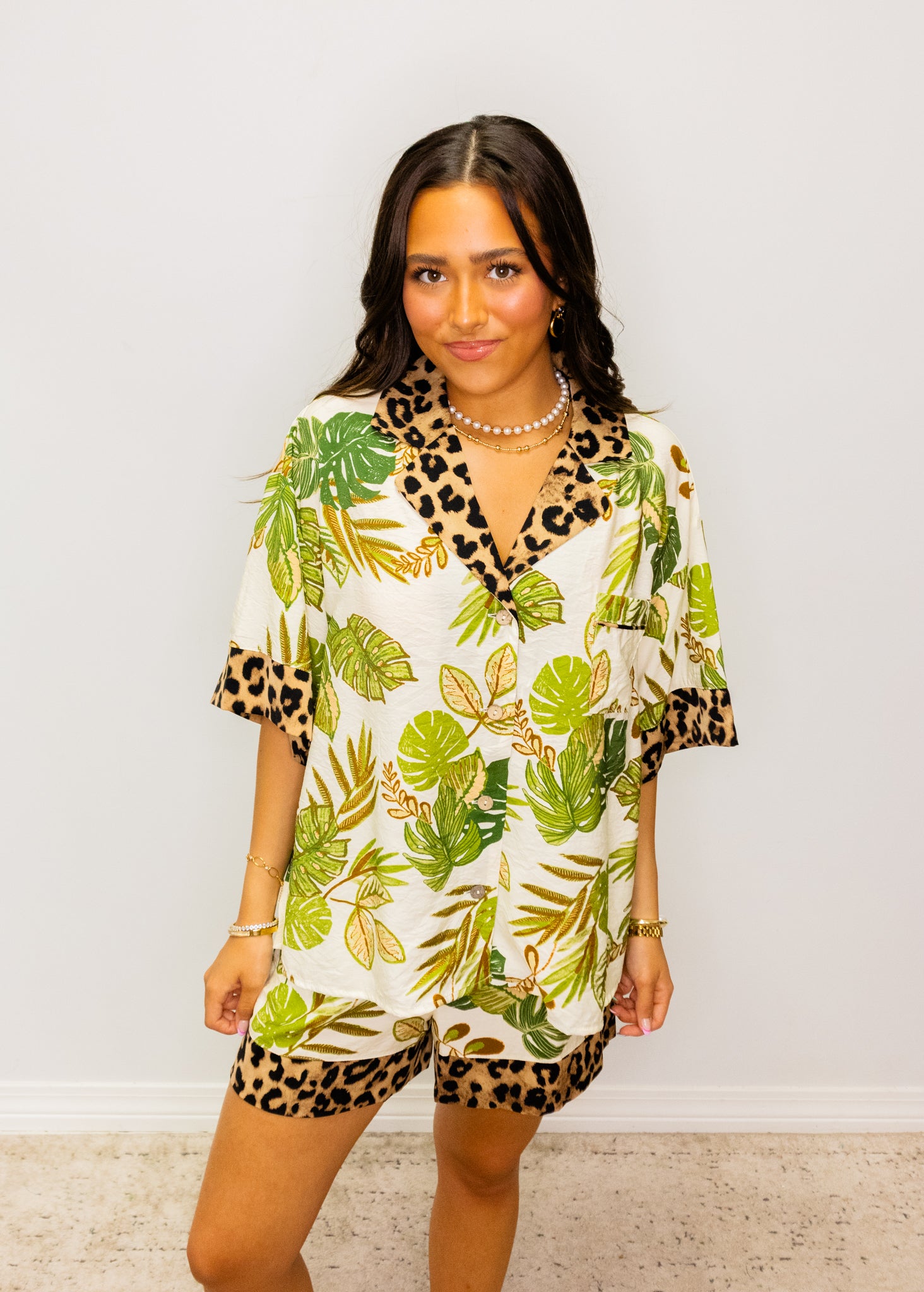 Tropical & Leopard Print Shorts Set