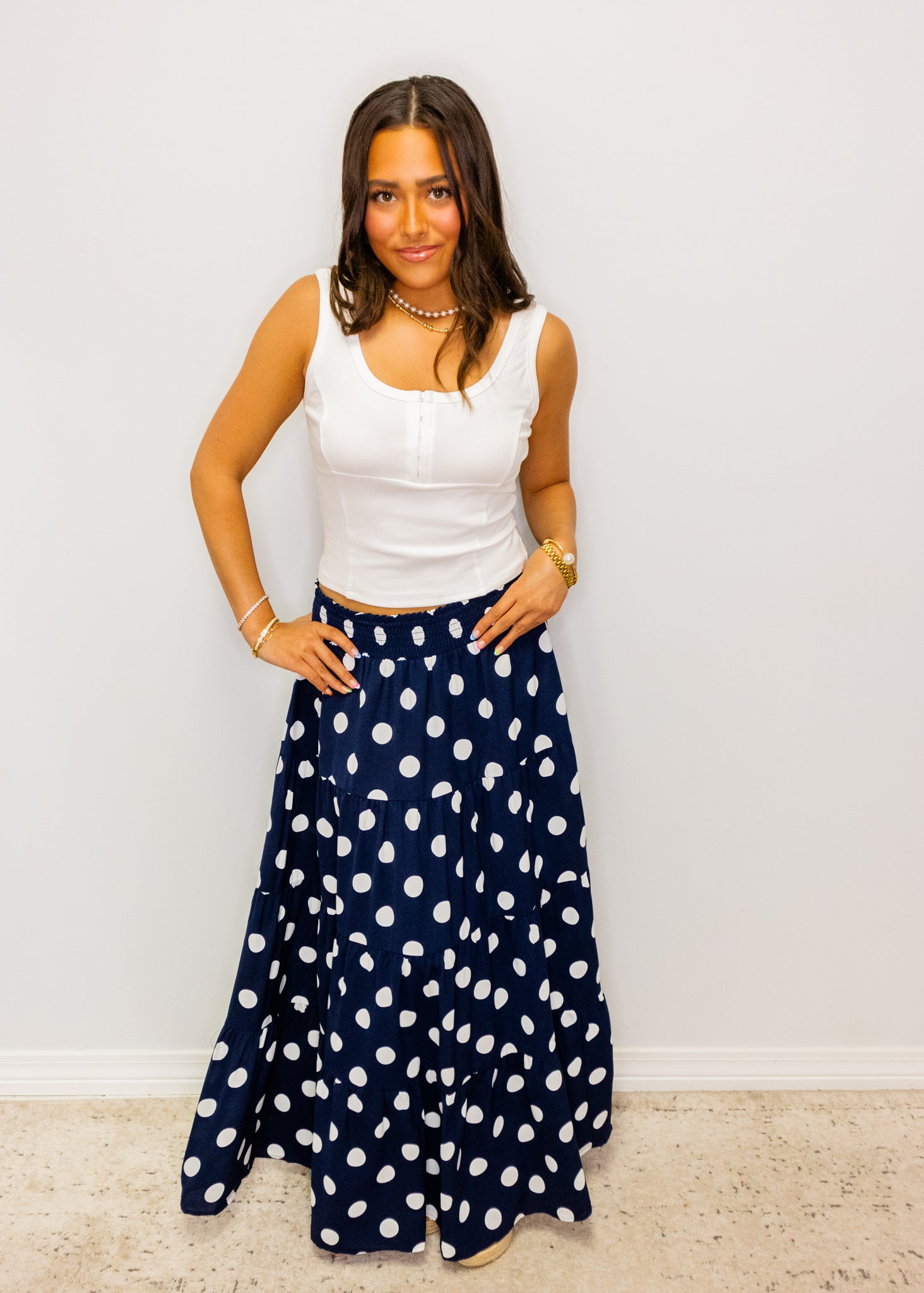 Navy Polka Dot Maxi Skirt