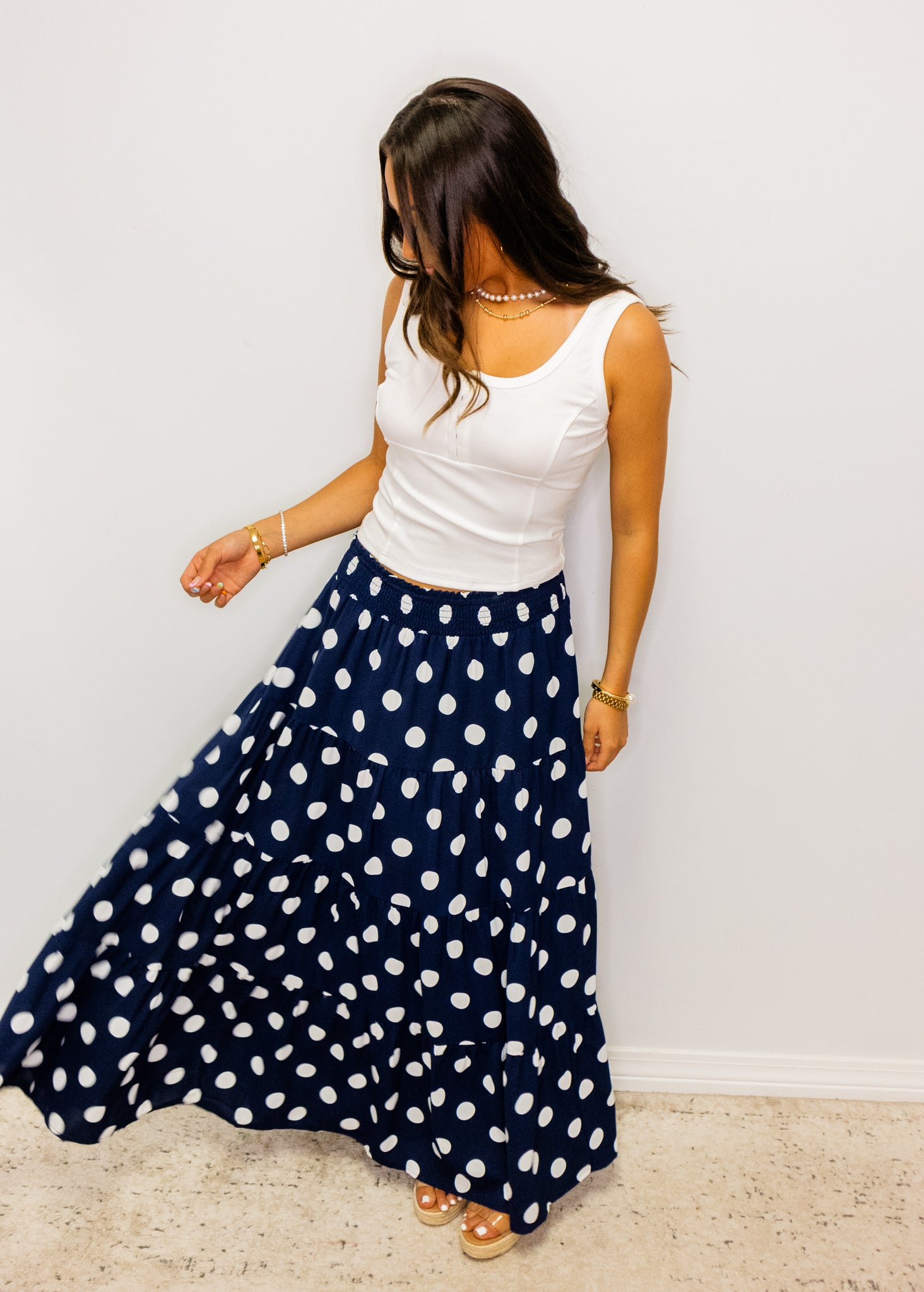 Navy Polka Dot Maxi Skirt
