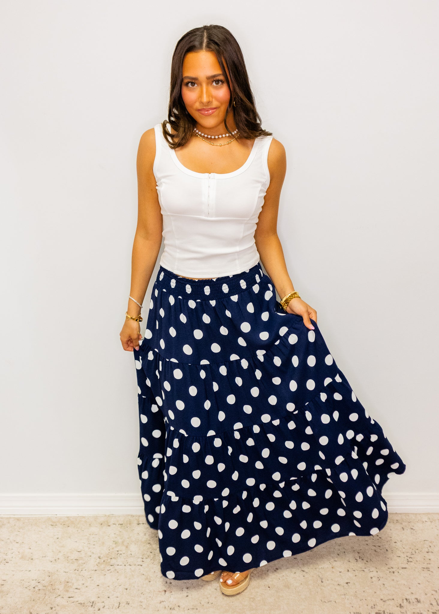 Navy Polka Dot Maxi Skirt