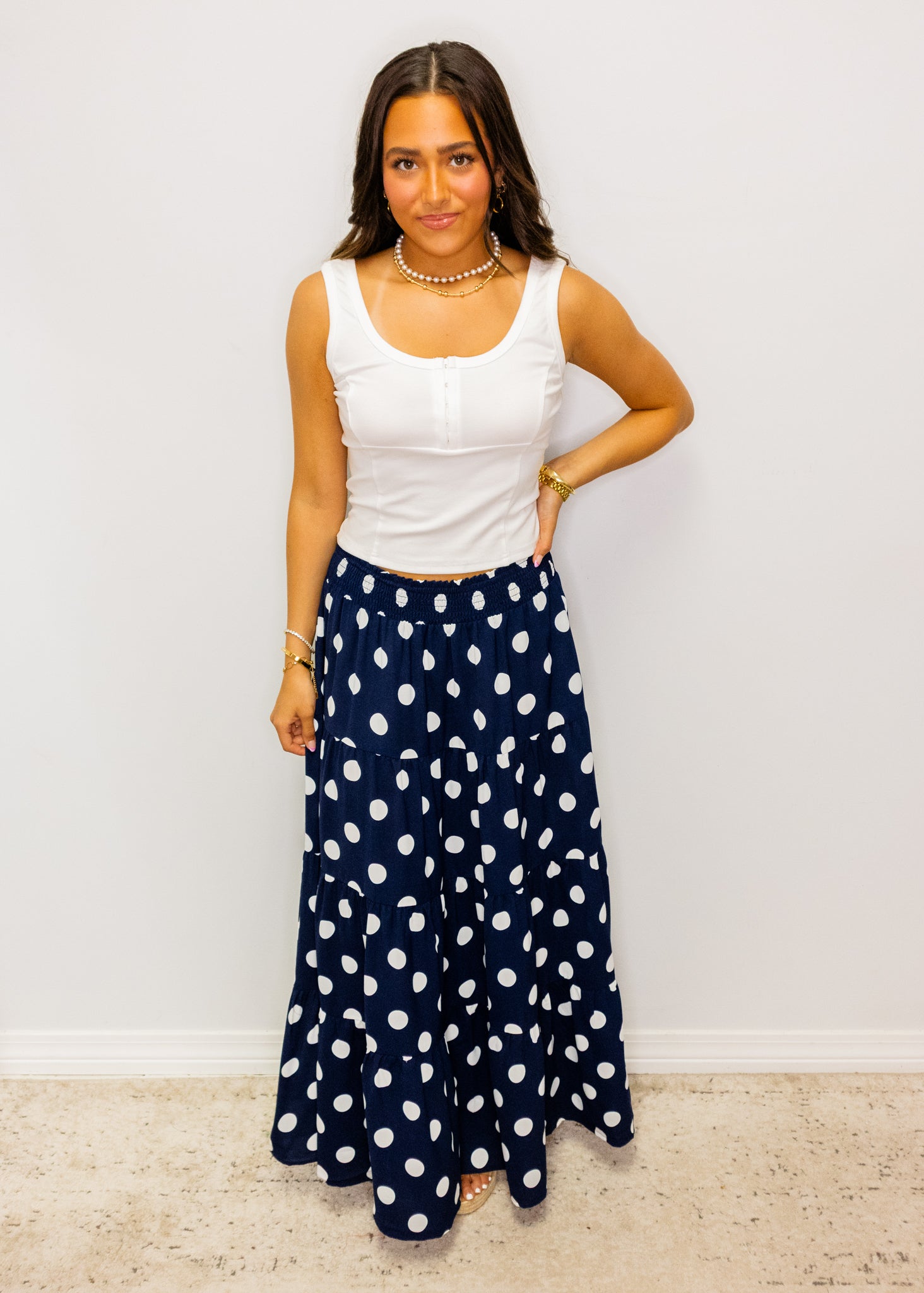 Navy Polka Dot Maxi Skirt