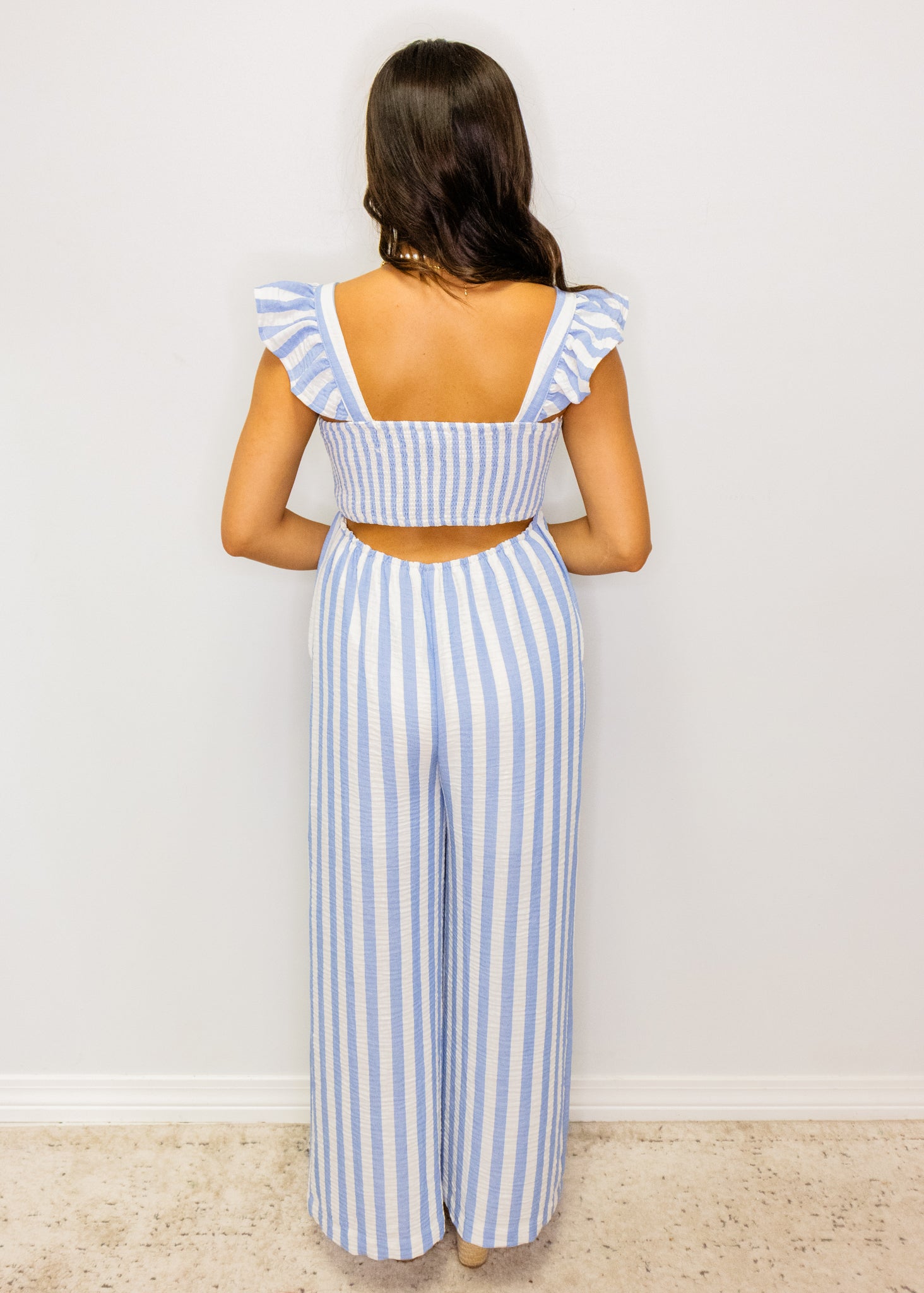 Blue Stripe Gauze Smocked Jumpsuit