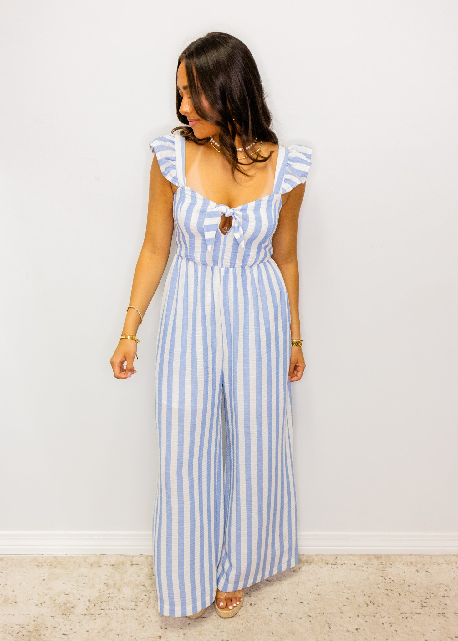Blue Stripe Gauze Smocked Jumpsuit