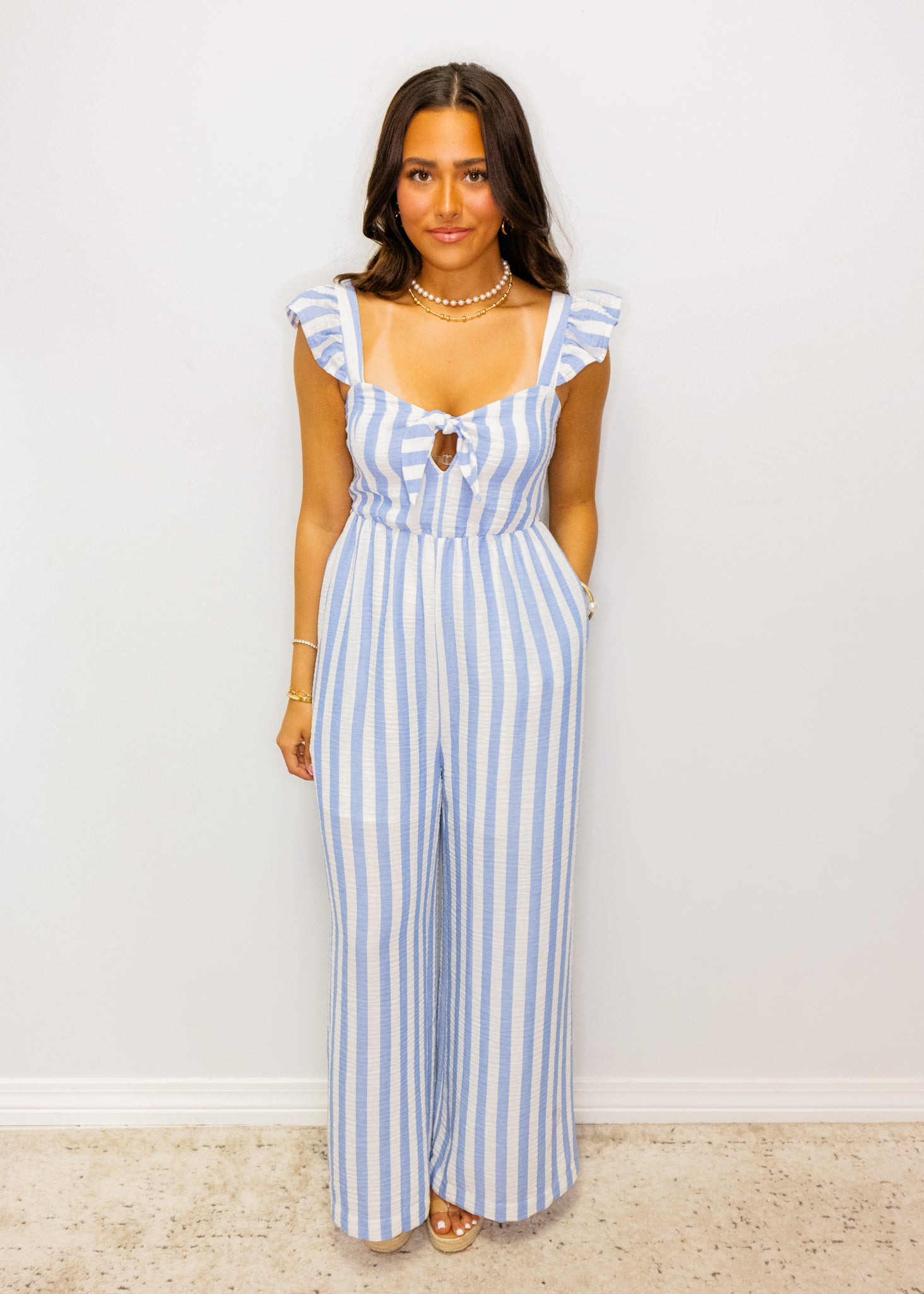 Blue Stripe Gauze Smocked Jumpsuit