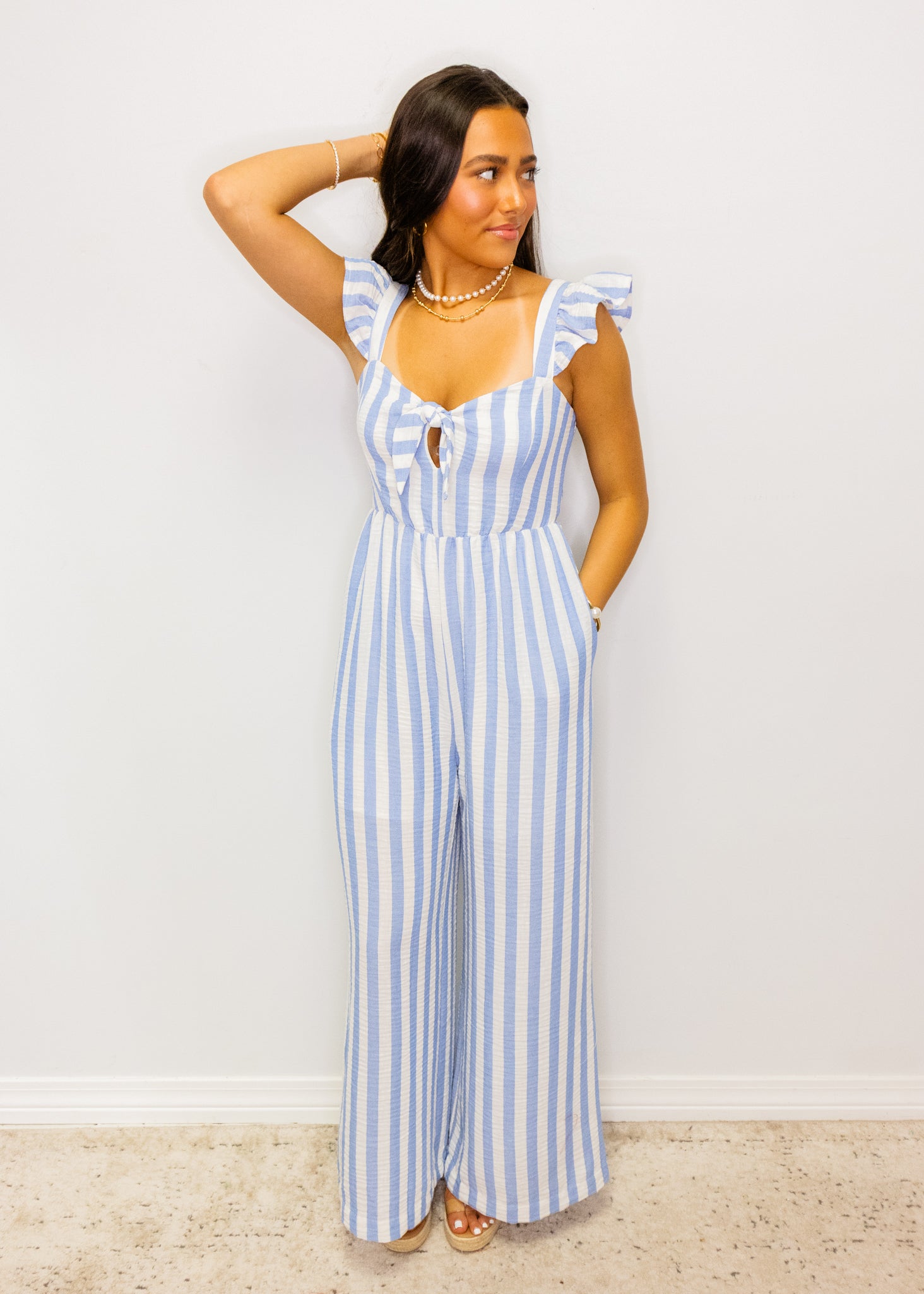 Blue Stripe Gauze Smocked Jumpsuit