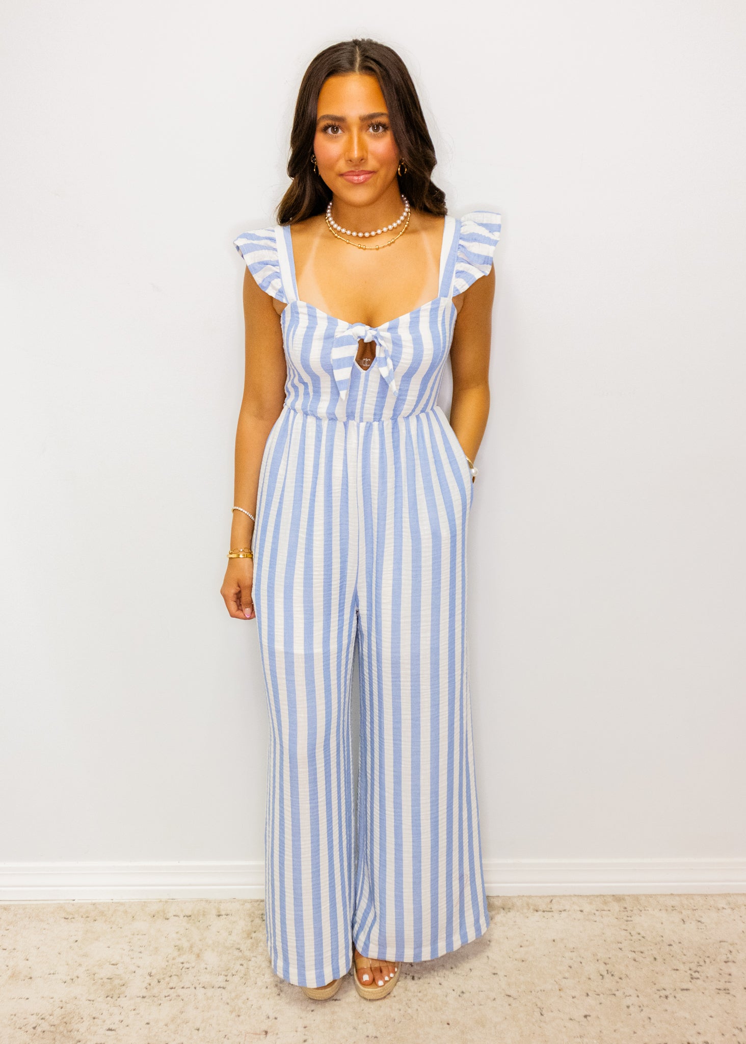 Blue Stripe Gauze Smocked Jumpsuit
