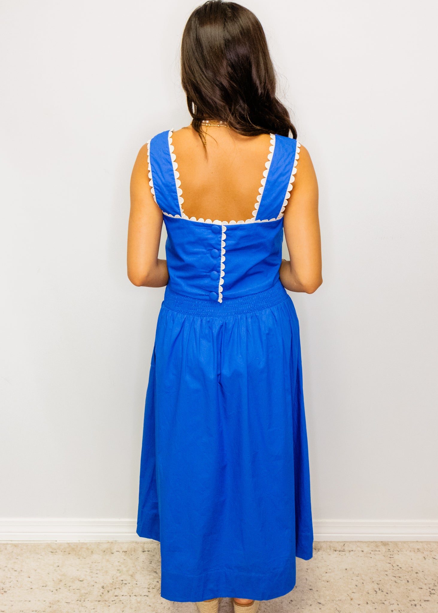 Blue Embroidered Cropped Top & Midi Skirt Set