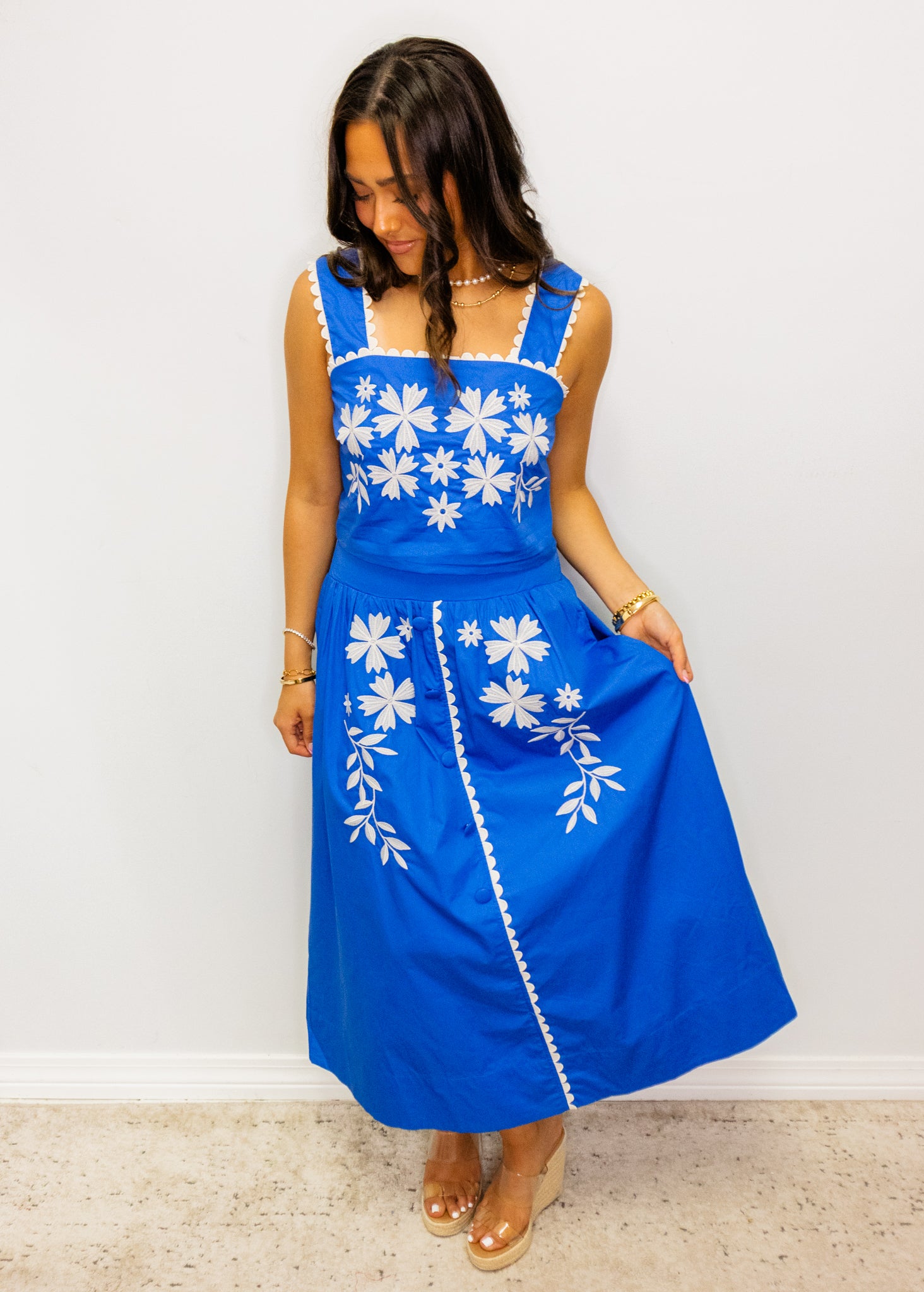 Blue Embroidered Cropped Top & Midi Skirt Set