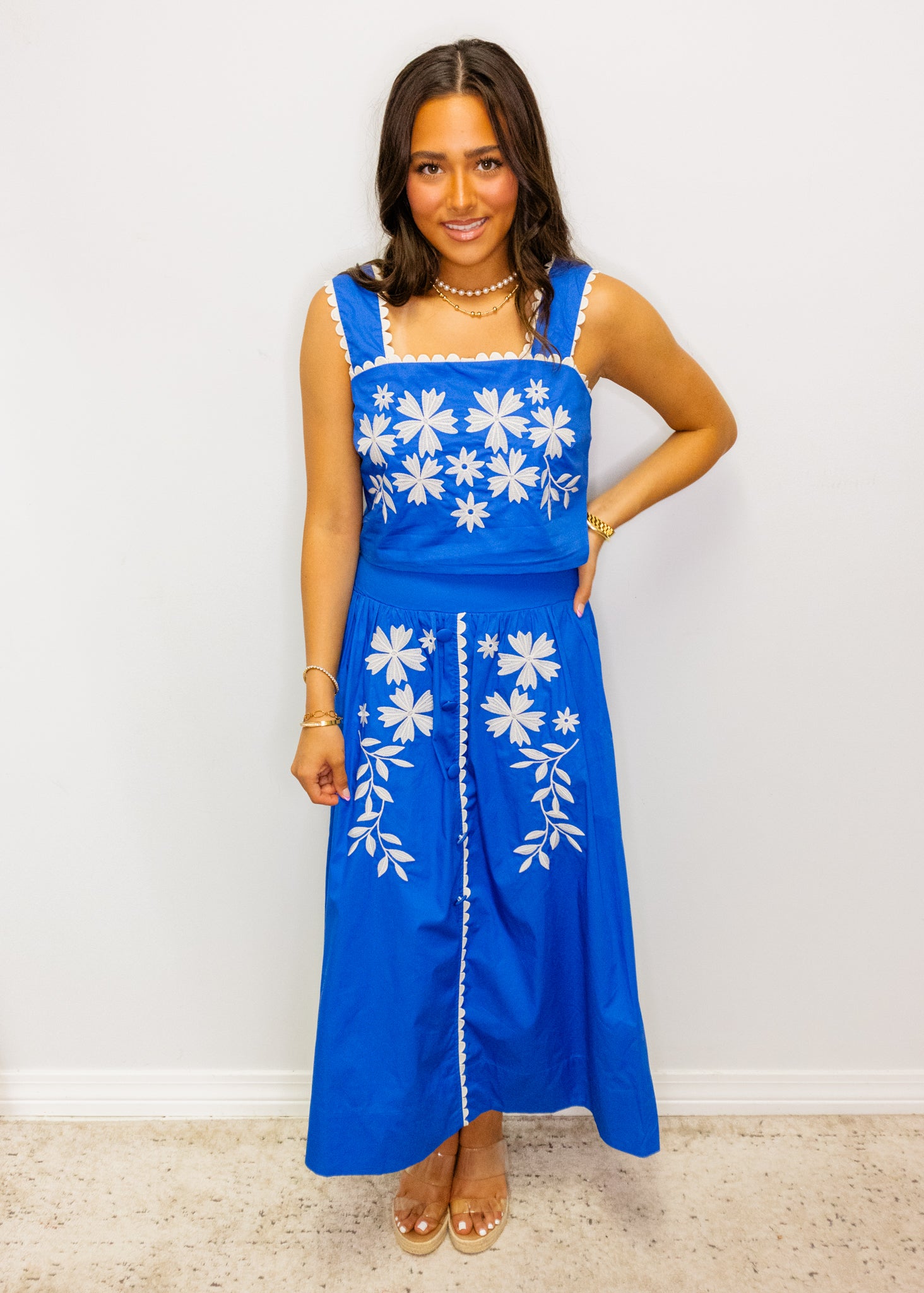 Blue Embroidered Cropped Top & Midi Skirt Set