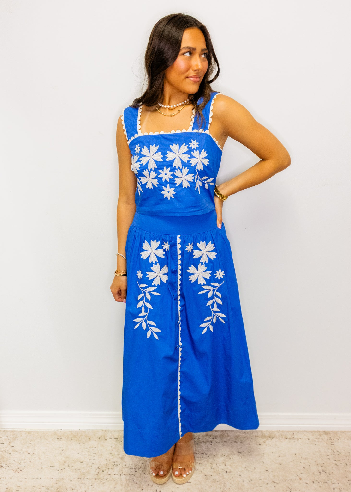Blue Embroidered Cropped Top & Midi Skirt Set