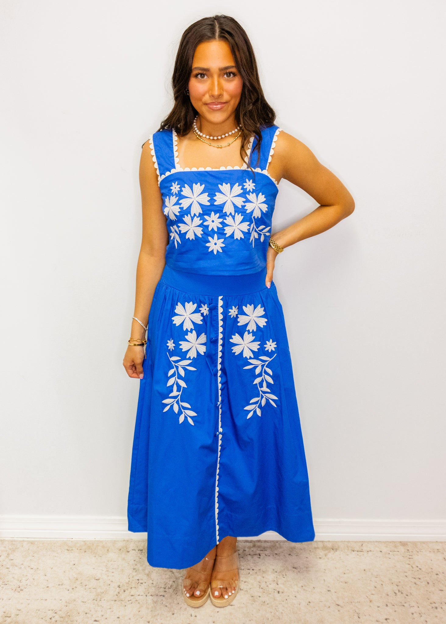 Blue Embroidered Cropped Top & Midi Skirt Set