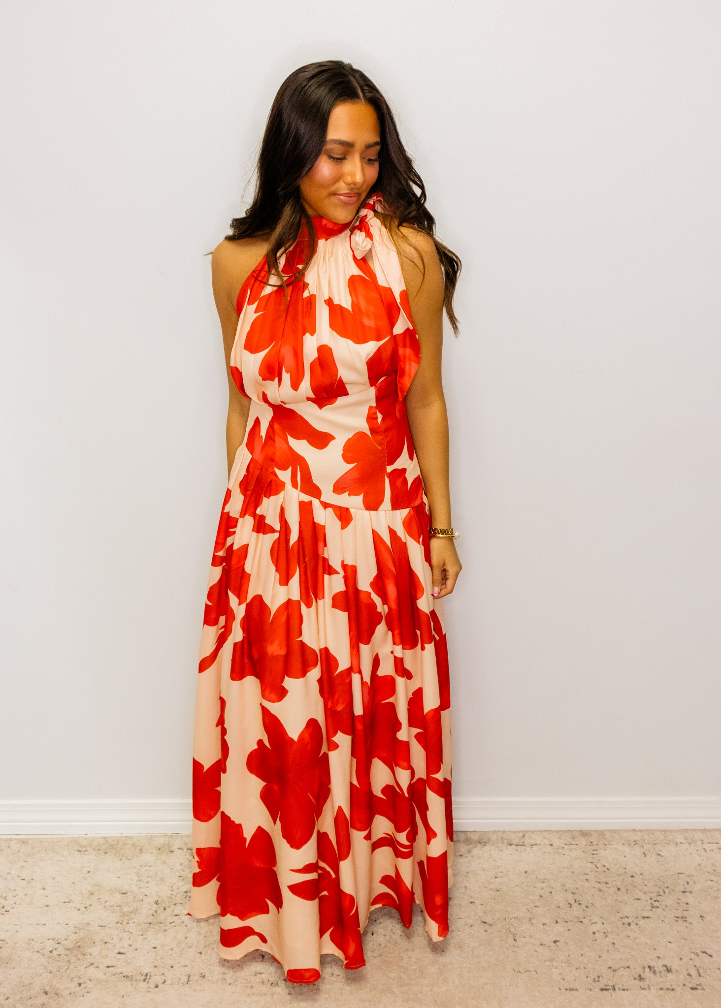 Bold Floral Print Halter Maxi Dress Medium