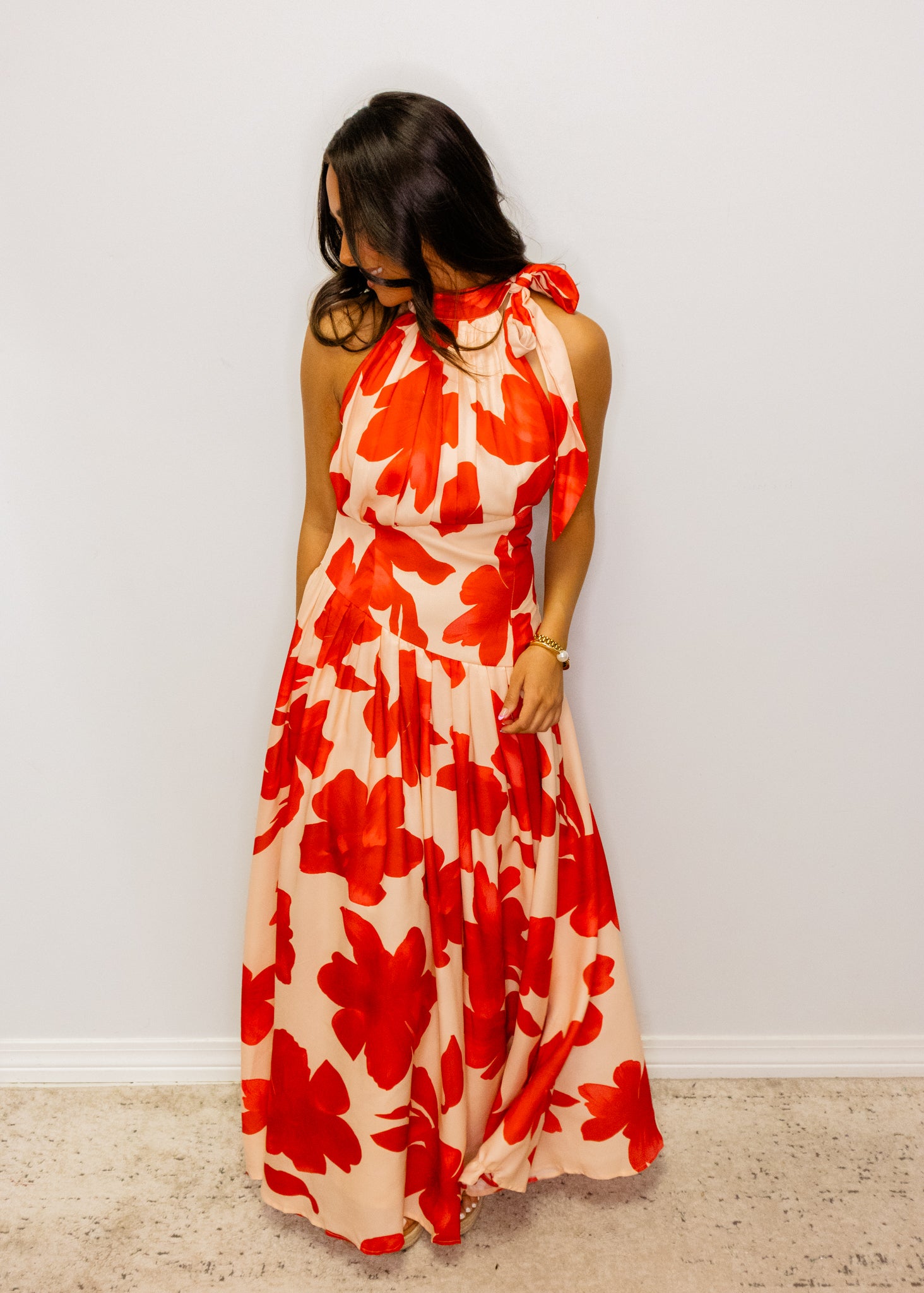 Bold Floral Print Halter Maxi Dress
