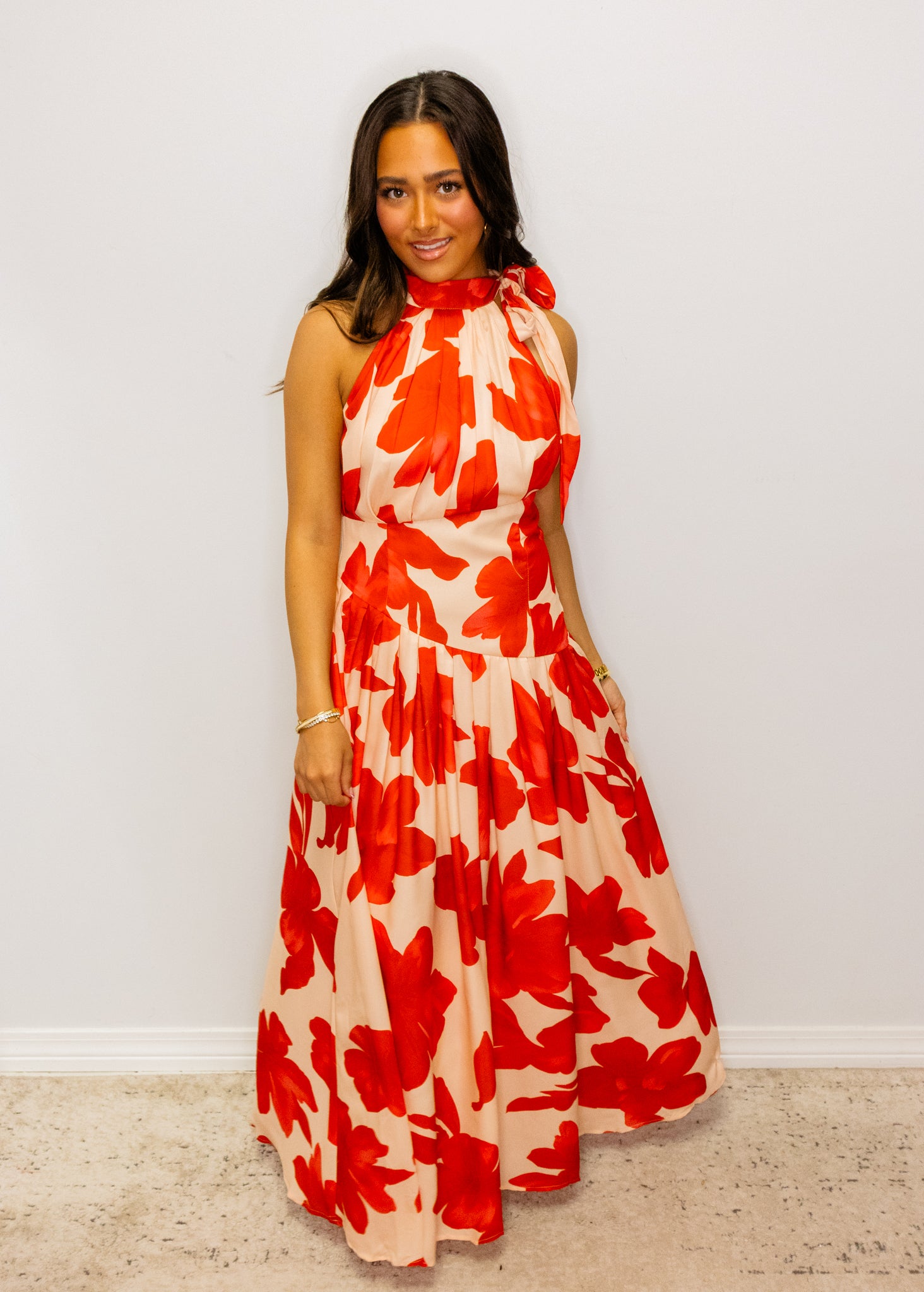 Bold Floral Print Halter Maxi Dress
