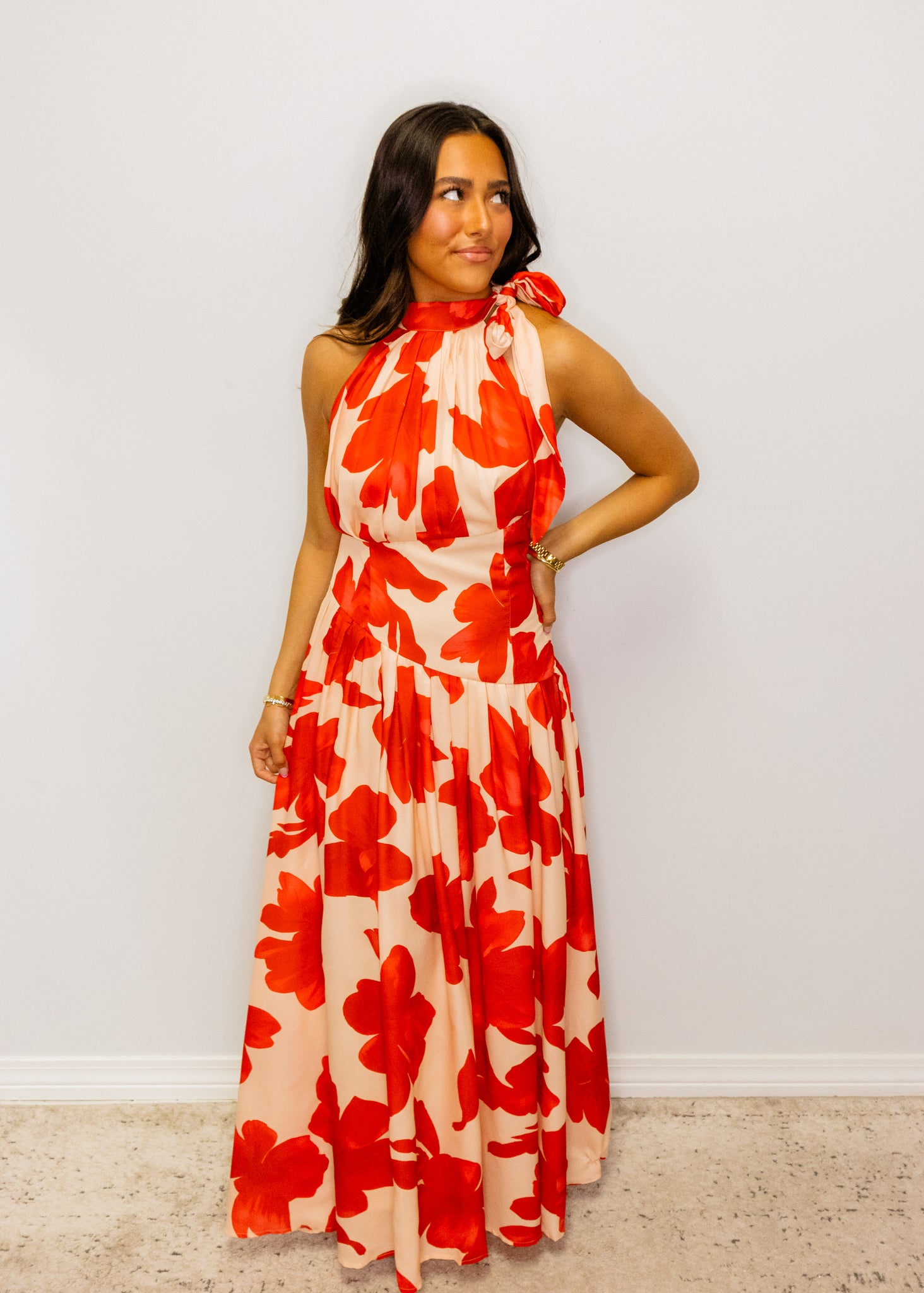 Bold Floral Print Halter Maxi Dress