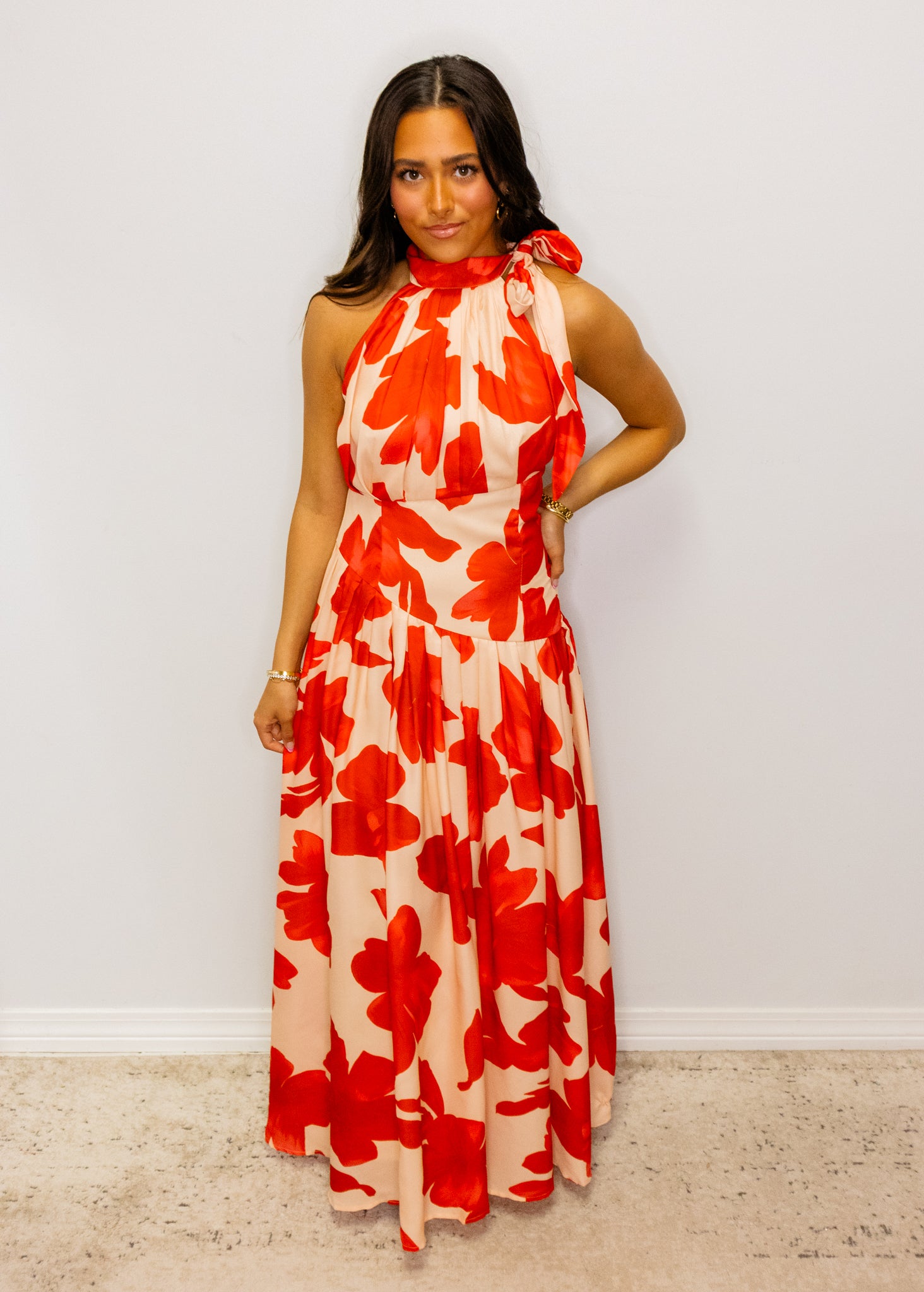 Bold Floral Print Halter Maxi Dress