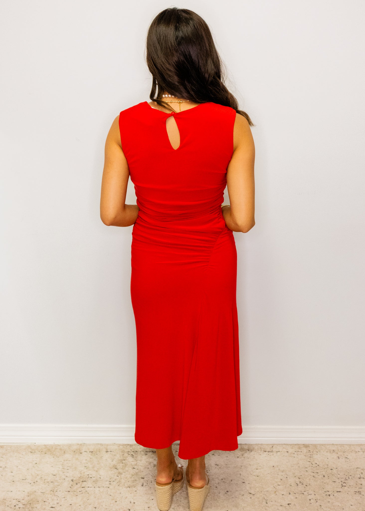 Red Fitted Ruched Midi Dress